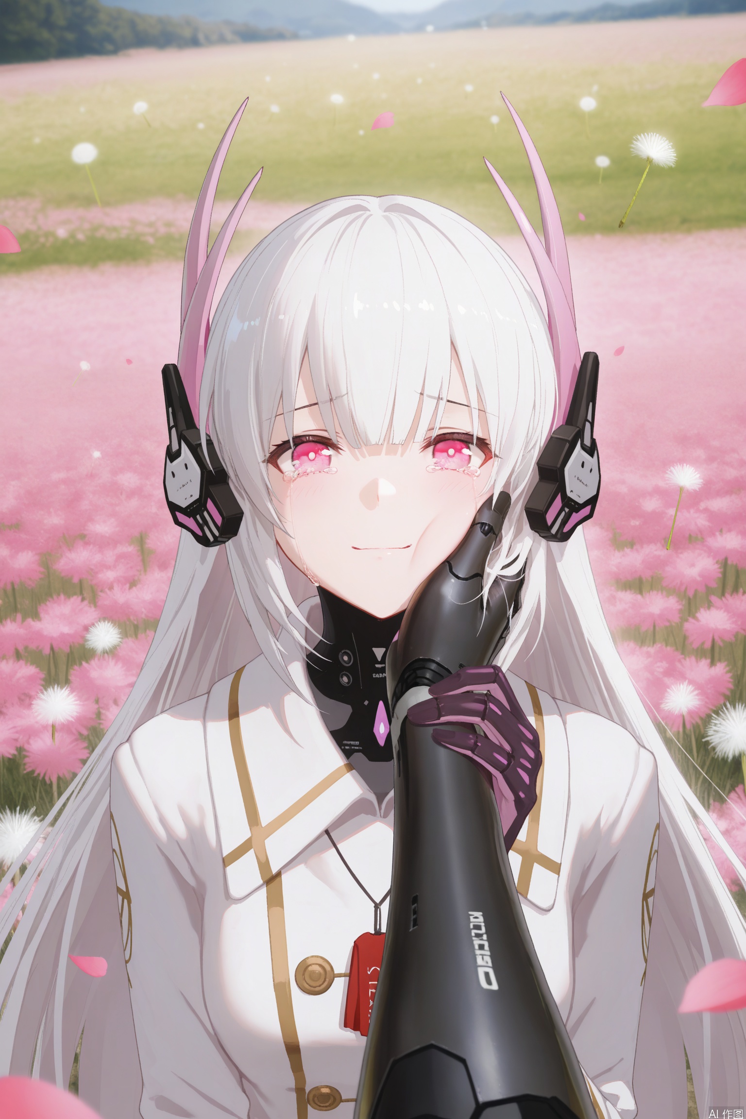  1girl,solo, liv-eclipse/(punishing gray raven),long hair, hair ornament, headgear, white hair,white coat, pink eyes,
,gentle smile,upper body,soft gentle eyes,tears of joy,
//,
pov,single pov mechincal hand,mechincal hand on girl's face,mechincal hand on girl's cheek,mechincal arm,robot,
//,
masterpiece,best quality,((artist:reoen),(artist:fuzichoco),(artist:atdan),(artist:torino_aqua:0.5),year 2024:0.5),(artist:omone_hokoma_agm:0.8),jijia, 2d, anime,Dandelion,Scattered petals,outdoors,Flower field,