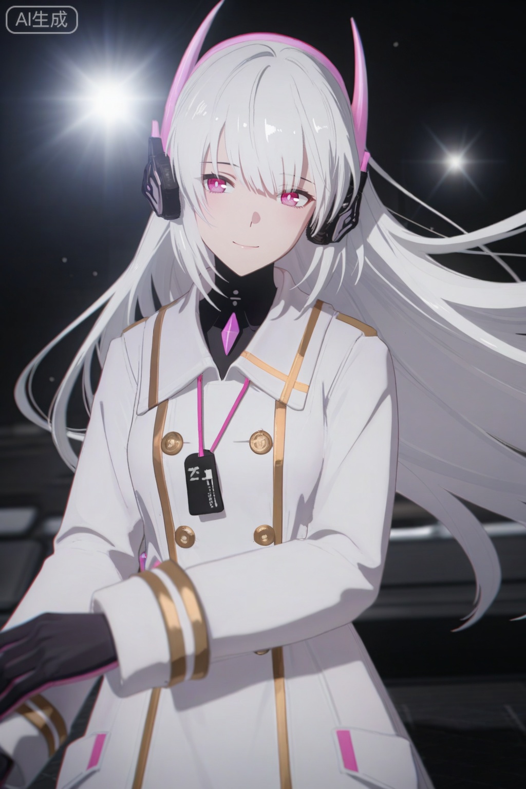 masterpiece,absurdres,best quality,high quality,chromatic_aberration,
//,artist:konya_karasue,((artist:reoen),(artist:fuzichoco),(artist:atdan),(artist:torino_aqua:0.5),year 2024:0.5),(artist:omone_hokoma_agm:0.8),jijia, 2d, anime,
//,
1girl, solo, long hair, bangs, gloves, long sleeves, very long hair, closed mouth,round face,pink eyes, white hair, star \(symbol\), coat, floating hair, headgear, headphones, white coat, liv-eclipse/(punishing gray raven),smile,
//,official art,depth of field,detailed light,blurry background,best shadow,shiny skin,cinematic lighting,ray tracing,amazing quality,very aesthetic,absurdres,beast quality,ultra detailed,newest,8K,HDR,anime screencap,anime coloring,Mat Skin