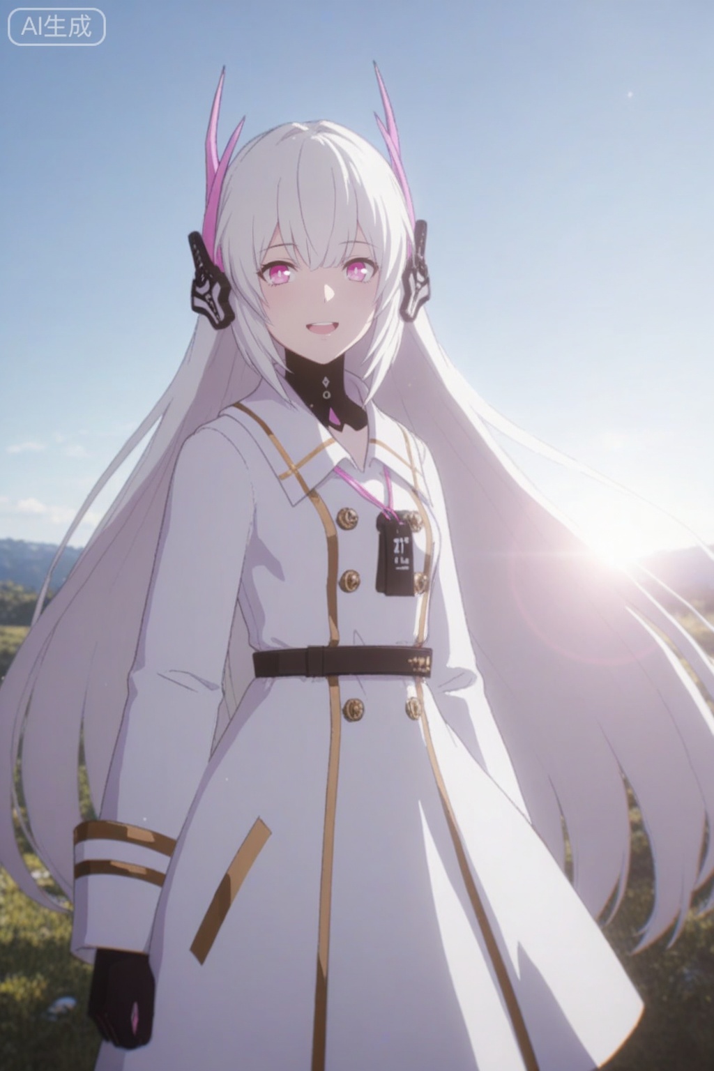 masterpiece,absurdres,best quality,high quality,chromatic_aberration,nsfw,perfect lighting,blue sky,sunlight,lens flare,
//,artist:konya_karasue,
//,liv-eclipse/(punishing gray raven),1girl,loli,girlish,solo, long hair, bangs, very long hair,pink eyes, white hair, star \(symbol\), coat, floating hair, headgear, long hair, breasts,bangs, dress, very long hair,smile,facing viewer,outdoors,blue sky,sunlight,perfect lighting,open mouth,
//,anime screencap,anime coloring,
