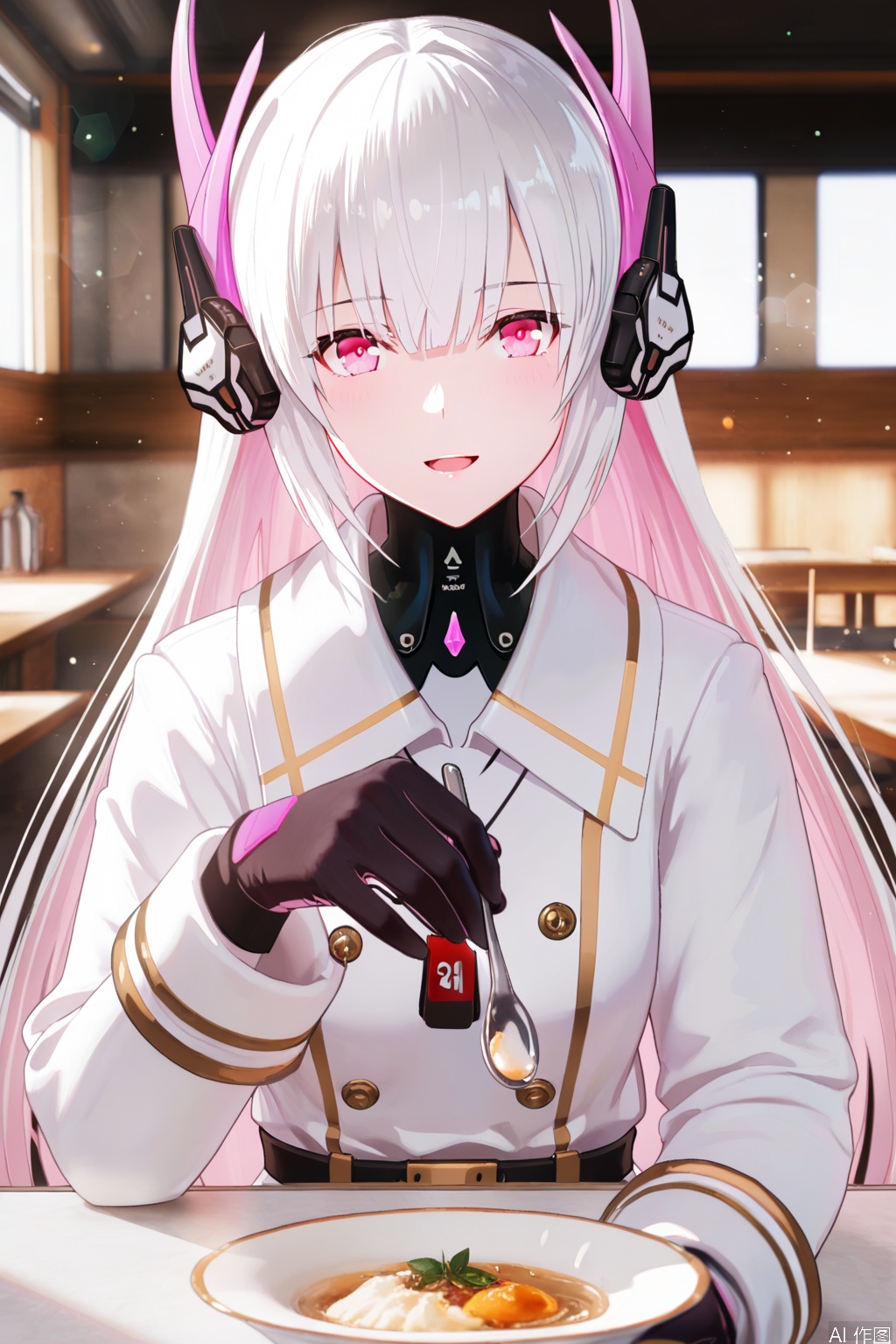  1girl,liv-eclipse/(punishing gray raven), solo,looking at viewer, long hair, bangs, gloves, long sleeves, white hair, black gloves, pink eyes, headgear, headphones, white coat, pink inner hair,soft gentle eyes,gentle expression,open mouth,light smile,holding spoon,feed,feeding service,incoming spoon,across table,depth of field, light particles, lens flare, masterpiece,best quality,((artist:reoen),(artist:fuzichoco),(artist:atdan),(artist:torino_aqua:0.5),year 2024:0.5),(artist:omone_hokoma_agm:0.8), 2d, anime,pov