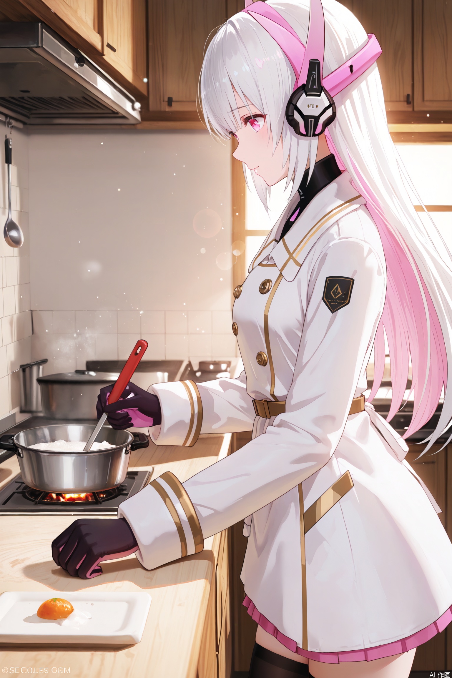  1girl,liv-eclipse/(punishing gray raven), solo, long hair, bangs, thighhighs, gloves, long sleeves, white hair, boots, black gloves, black thighhighs, pink eyes, headgear, headphones, white coat, pink inner hair,white apron ,holding a ladle, cooking, kitchen, wooden table, wooden walls, warm lighting, bubbles,soft gentle eyes,gentle expression,depth of field, light particles, lens flare, masterpiece,best quality,((artist:reoen),(artist:fuzichoco),(artist:atdan),(artist:torino_aqua:0.5),year 2024:0.5),(artist:omone_hokoma_agm:0.8), 2d, anime,from side,
liv, with her distinctive white hair that fades into a gentle pink at the tips, is in a cozy, rustic kitchen, bathed in the warm glow of soft lighting. With a ladle in hand, she's focused on her cooking, bubbles rising gently from the pot before her, adding a touch of whimsy to the scene. The kitchen, with its wooden walls and table, exudes a homey, comforting vibe, making it the perfect setting for her culinary adventures.