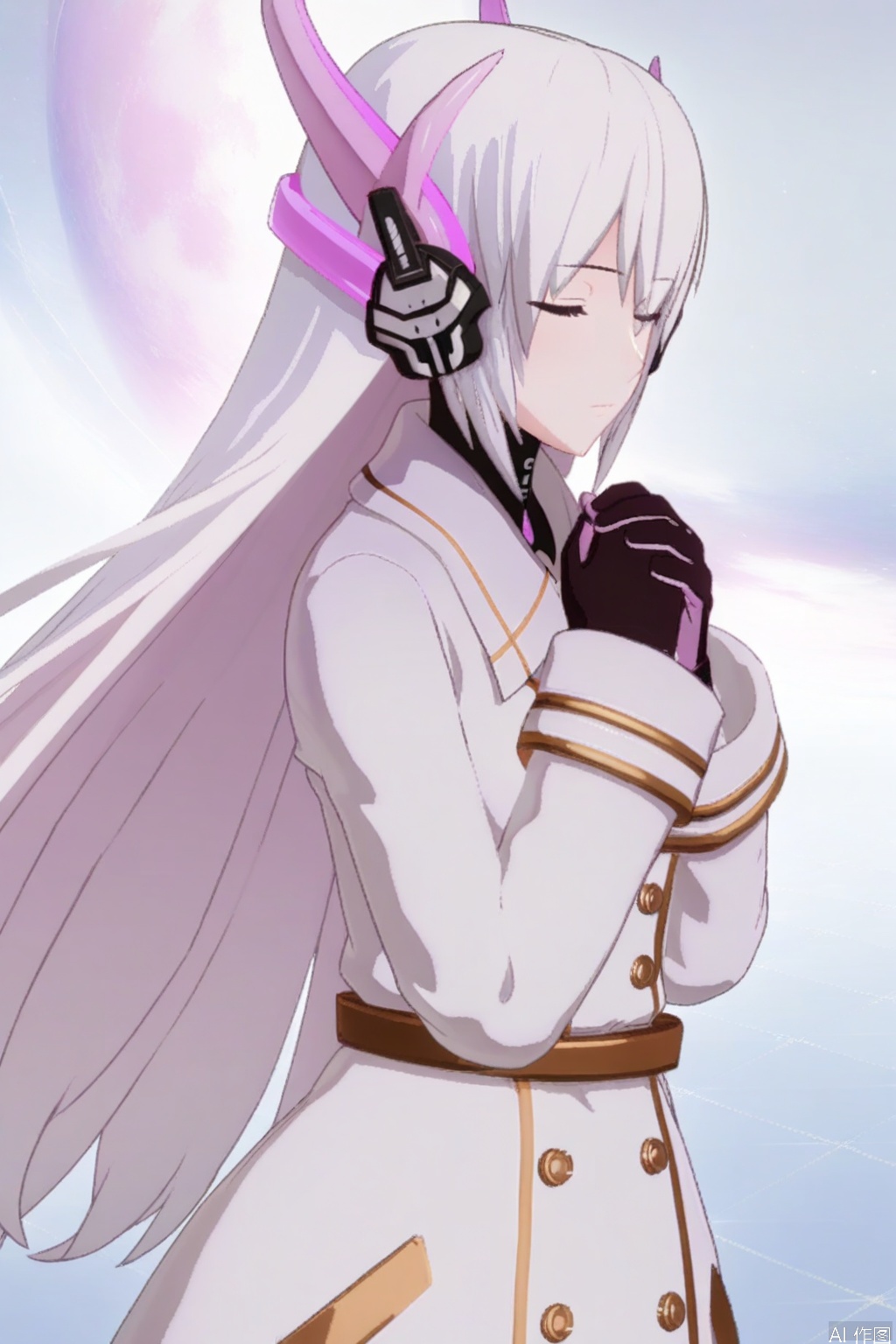  masterpiece,bestquality,4k,3d,animescreencap,{{masterpiece}},illustration,best quality,extremely detailed cg unity 8k wallpaper,original,high resolution,{{{{{extremely delicate and beautiful girl}}}}},1girl, solo, long hair, bangs, gloves, long sleeves, very long hair, closed mouth, closed eyes, white hair, black gloves, star \(symbol\), coat, floating hair, headgear, headphones, own hands together, white coat, hands on own chest,liv-eclipse/(punishing gray raven)