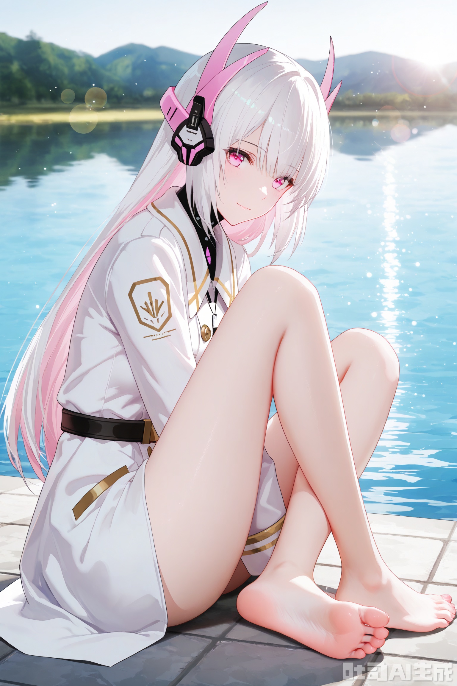  1girl,liv-eclipse/(punishing gray raven), solo, long hair, bangs,  white hair, pink eyes, headgear,white coat, pink inner hair,soft gentle eyes,light smile,depth of field, light particles, lens flare, masterpiece,best quality,((artist:reoen),(artist:fuzichoco),(artist:atdan),(artist:torino_aqua:0.5),year 2024:0.5),(artist:omone_hokoma_agm:0.8), 2d, anime,full body,sitting by lake,barefoot,
 soles,cross legged,looking at viewer,from side,bare legs