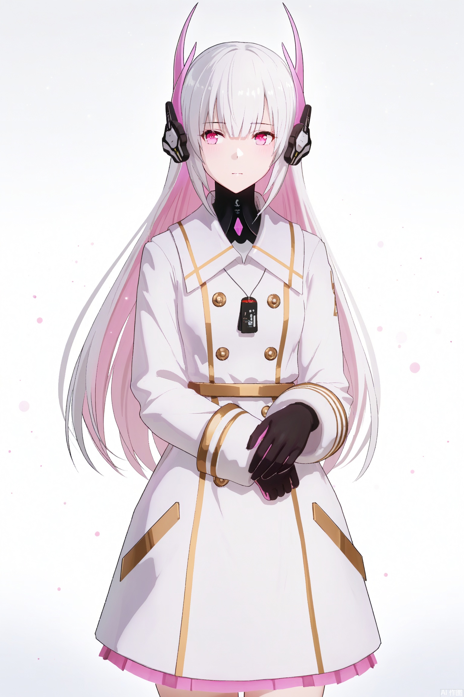  1girl,liv-eclipse/(punishing gray raven), solo, long hair, bangs, thighhighs, gloves, long sleeves, white hair, boots, black gloves, black thighhighs, pink eyes, headgear, headphones, white coat, pink inner hair,white background,simple background,cowboy shot,soft gentle eyes,gentle expression,depth of field, light particles, lens flare, masterpiece,best quality,((artist:reoen),(artist:fuzichoco),(artist:atdan),(artist:torino_aqua:0.5),year 2024:0.5),(artist:omone_hokoma_agm:0.8), 2d, anime,
