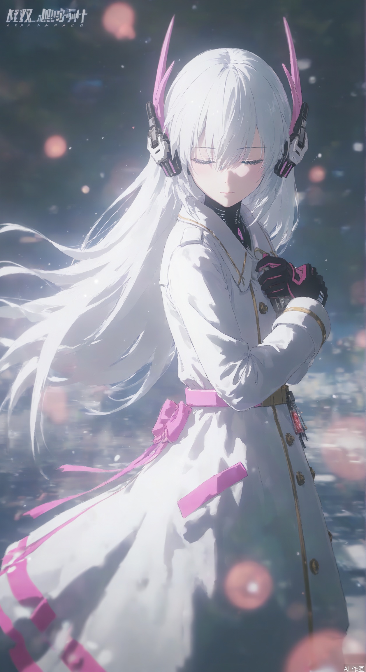 1girl, solo, long hair, bangs, gloves, long sleeves, very long hair, closed mouth, closed eyes, white hair, black gloves, star \(symbol\), coat, floating hair, headgear, headphones, own hands together, white coat, hands on own chest,liv-eclipse/(punishing gray raven),
,backlighting,depth of field,cinematic lighting,light particles,lens flare, extreme aesthetic,(wlop:0.4),masterpiece,best quality,good quality,newest,very aesthetic,absurdres,A shot with tension, 32K UHD,sharp focus,best-quality,masterpiece,Emotionalization,temperate atmosphere,with a high-end texture,in the style of fashion photography, (Visual impact:1.2),impactful picture,offcial art,colorful,movie perspective, masterpiece