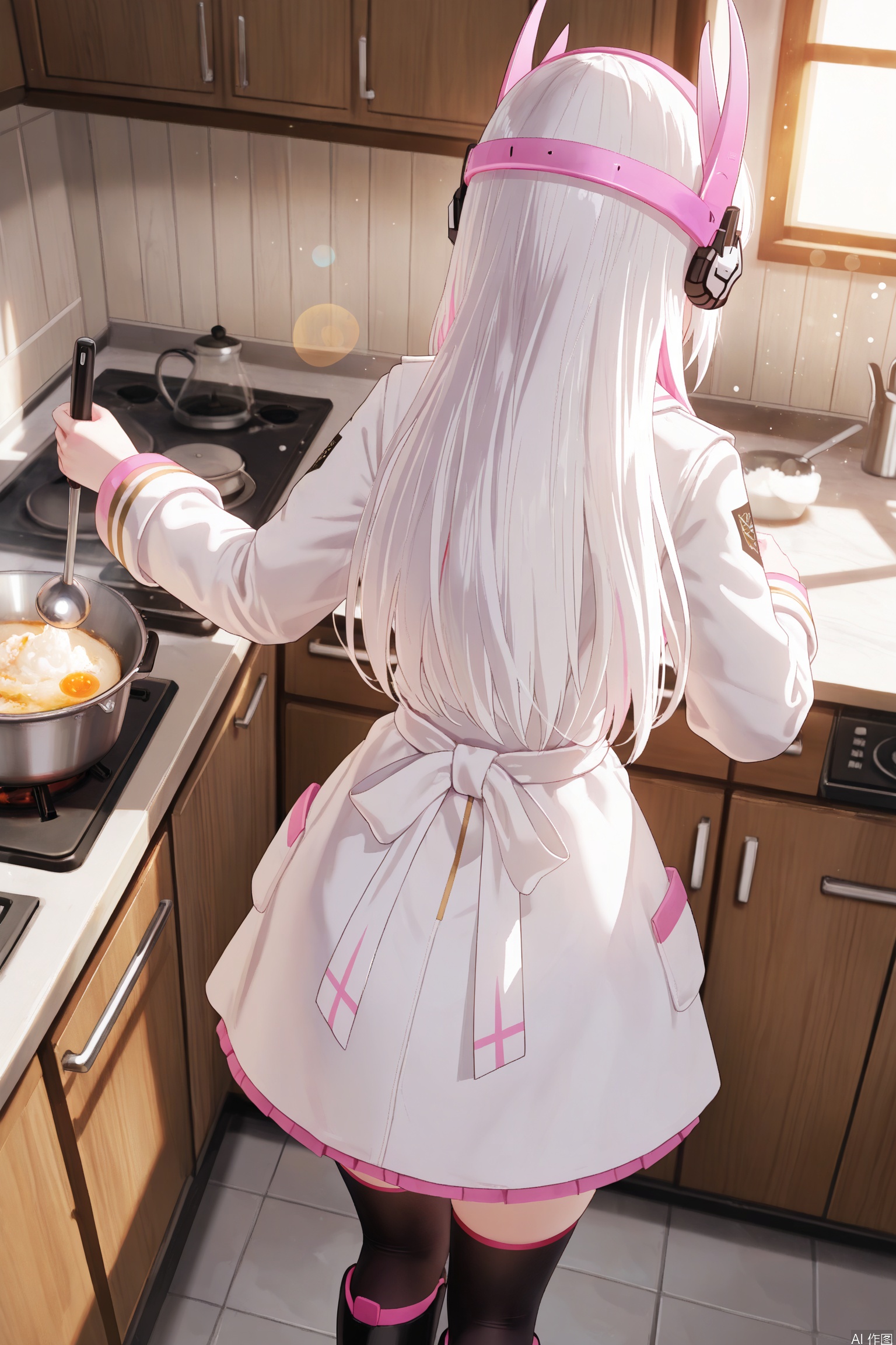  1girl,liv-eclipse/(punishing gray raven), solo, long hair, bangs, thighhighs, long sleeves, white hair, boots, black thighhighs,  headgear, headphones, white coat, pink inner hair,white apron ,holding a ladle, cooking, kitchen, wooden table, wooden walls, warm lighting, bubbles,soft gentle eyes,gentle expression,depth of field, light particles, lens flare, masterpiece,best quality,((artist:reoen),(artist:fuzichoco),(artist:atdan),(artist:torino_aqua:0.5),year 2024:0.5),(artist:omone_hokoma_agm:0.8), 2d, anime,from behind,from above,
liv, with her distinctive white hair that fades into a gentle pink at the tips, is in a cozy, rustic kitchen, bathed in the warm glow of soft lighting. With a ladle in hand, she's focused on her cooking, bubbles rising gently from the pot before her, adding a touch of whimsy to the scene. The kitchen, with its wooden walls and table, exudes a homey, comforting vibe, making it the perfect setting for her culinary adventures.