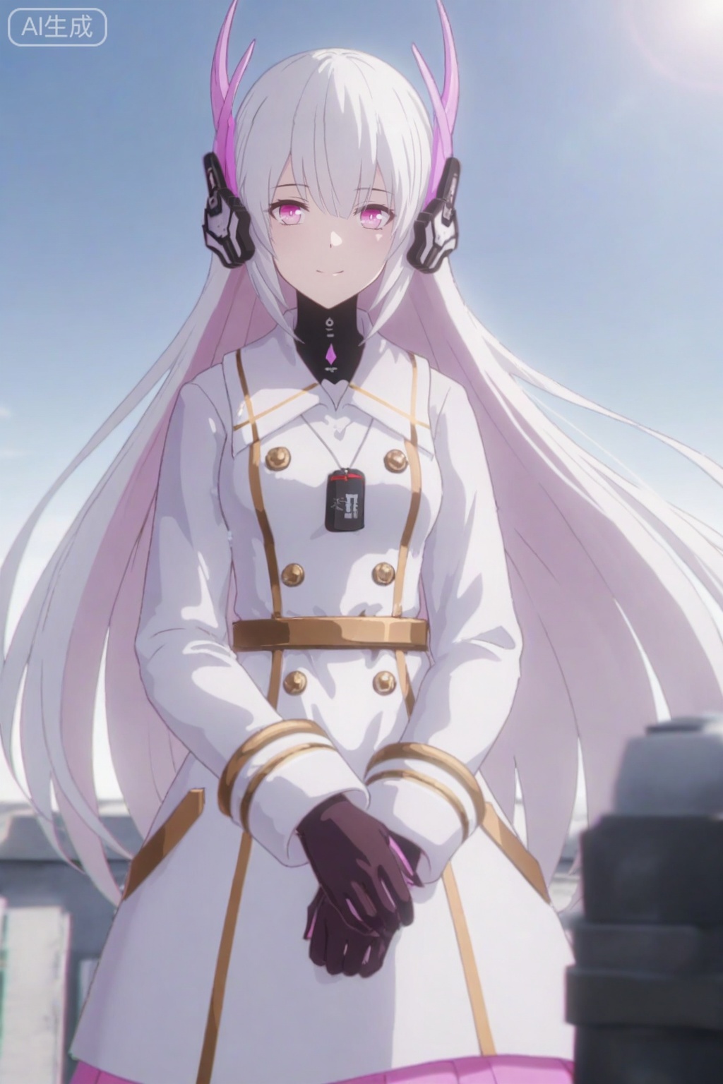 masterpiece,absurdres,best quality,high quality,chromatic_aberration,nsfw,perfect lighting,blue sky,sunlight,lens flare,
//,artist:konya_karasue,
//,liv-eclipse/(punishing gray raven),1girl, solo, long hair, bangs, gloves, long sleeves, very long hair, closed mouth,pink eyes, white hair, black gloves, star \(symbol\), coat, floating hair, headgear, long hair, breasts,bangs, dress, very long hair,smile,facing viewer,outdoors,blue sky,sunlight,perfect lighting,
//,anime screencap,anime coloring,
