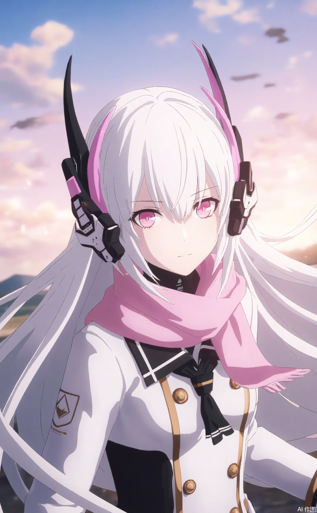 liv-eclipse/(punishing gray raven),(1girl),very long hair,small breasts,white hair,hair between eyes,pink eyes,outdoors,blue sky,school uniform,pink scarf,headgear,Tyndall,clear picture, illustrations, perfect scenery, perfect environment, depth of field, masterpiece, best quality, high quality, very detailed CG, unified 8k wallpaper, very detailed, high detail, anime style, cover art, extreme aesthetics, masterpiece, best quality, good quality, latest, very aesthetic, absurd, visual impact 32K UHD, sharp focus, influential pictures, official art,from above