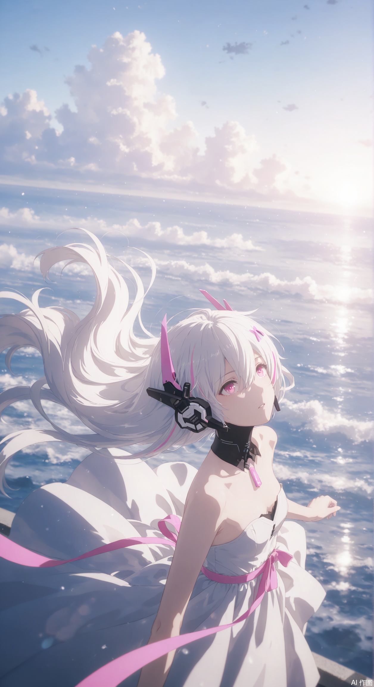 
iv-eclipse/(punishing gray raven),1girl,white hair,hair between eyes,solo, best quality, aesthetic, detailed, girlish,alternate costume, small breasts, dress, bare shoulders, pink eyes,streaked hair,headgear,white dress, strapless, floating hair, strapless dress,anime aesthetic,sea,windy,floating hair,,floating dress,from above,looking up,