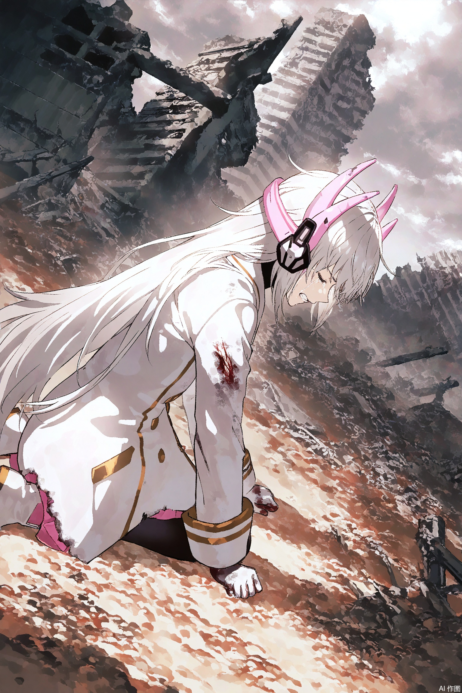 1girl,solo,liv-eclipse/(punishing gray raven),messy hair,white hair,dirty,torn-clothes,injury,
kneeling,teardrop,closed eyes,clenched teeth,streaming tears,clenched hand,hands on ground,head down,headgear,white coat,white footwear,(blood on hands:0.8),sideways,
east asian architecture ruins,ruins,dirt,grabbing dirt,cloudy,gensokyo,
masterpiece,best quality,beautiful detailed eyes,
 (hidari_(left_side):0.9),(u u zan),(umishima_senbon:0.9),(cosmic_(crownclowncosmic):0.9),(natsume_(menthol):0.9),(NNmy_Itp0:0.9),(iumu:0.8),