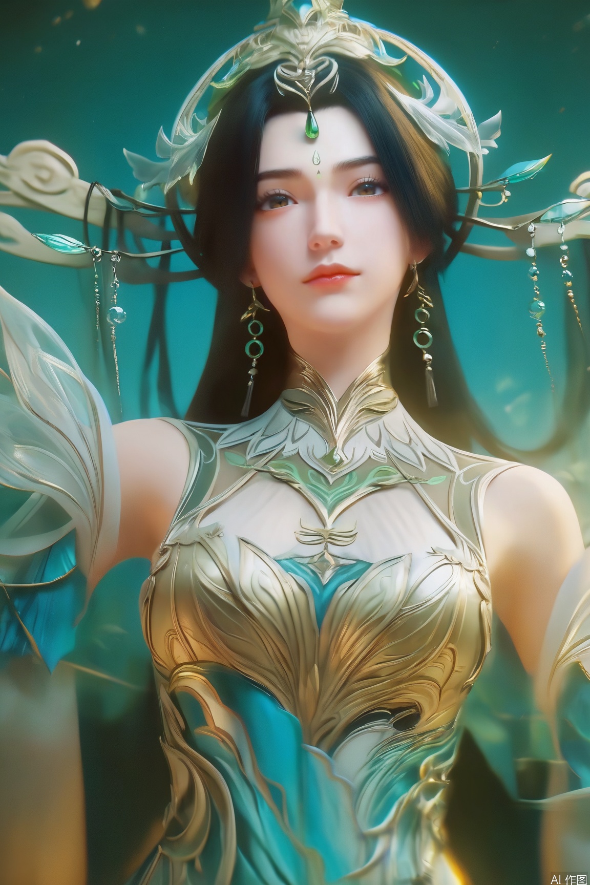 score_9_up,score_8_up,score_7_up,(Masterpiece, Best Quality, High Resolution, 8K Raw),absurdres, highres, Expressiveh,illustration,CG,
1girl, solo, long hair, looking at viewer, black hair, hair ornament, dress, bare shoulders, jewelry, closed mouth, upper body, earrings, forehead mark
