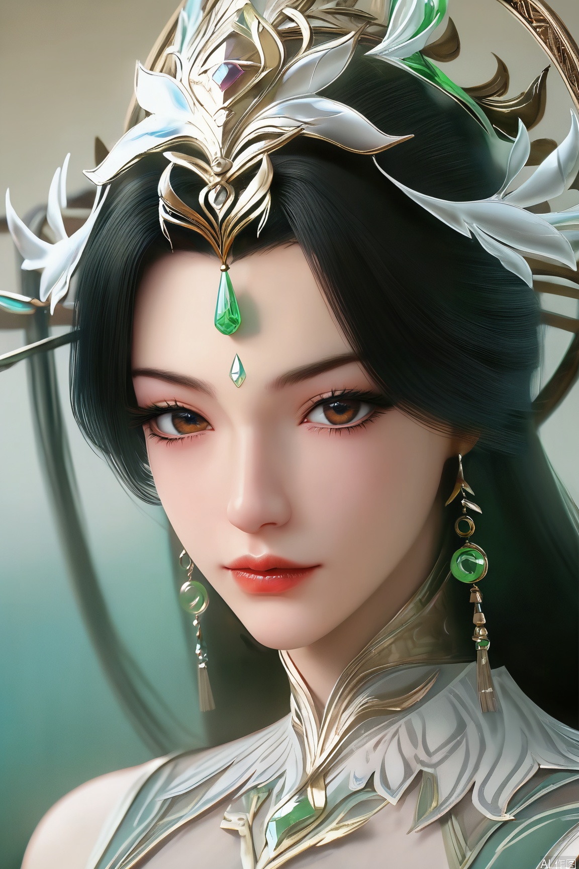 score_9_up,score_8_up,score_7_up,(Masterpiece, Best Quality, High Resolution, 8K Raw),absurdres, highres, Expressiveh,illustration,CG,
1girl, solo, long hair, looking at viewer, black hair, brown eyes, jewelry, closed mouth, earrings, lips, eyelashes, makeup, gem, portrait, close-up, realistic, red lips