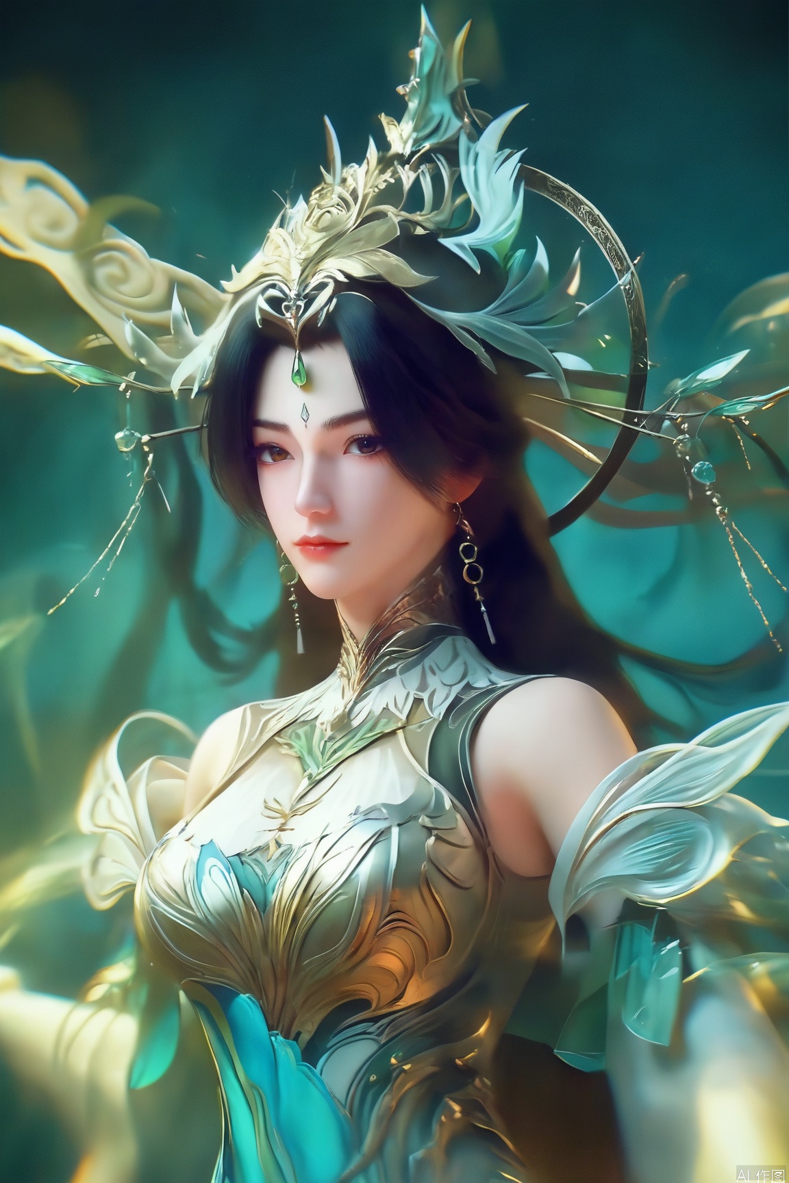 score_9_up,score_8_up,score_7_up,(Masterpiece, Best Quality, High Resolution, 8K Raw),absurdres, highres, Expressiveh,illustration,CG,
1girl, solo, long hair, looking at viewer, black hair, hair ornament, dress, bare shoulders, jewelry, closed mouth, upper body, earrings, forehead mark
