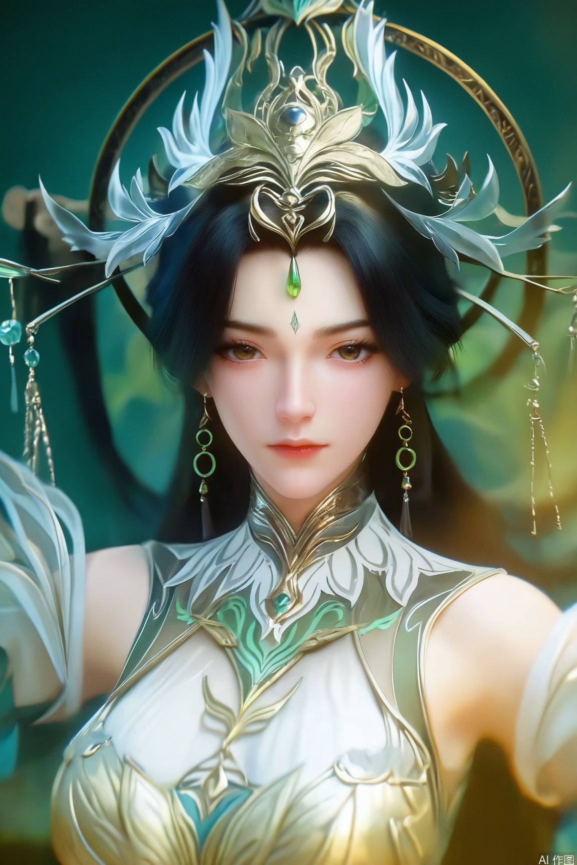 score_9_up,score_8_up,score_7_up,(Masterpiece, Best Quality, High Resolution, 8K Raw),absurdres, highres, Expressiveh,illustration,CG,
1girl, solo, long hair, looking at viewer, black hair, hair ornament, dress, bare shoulders, jewelry, closed mouth, upper body, earrings, forehead mark