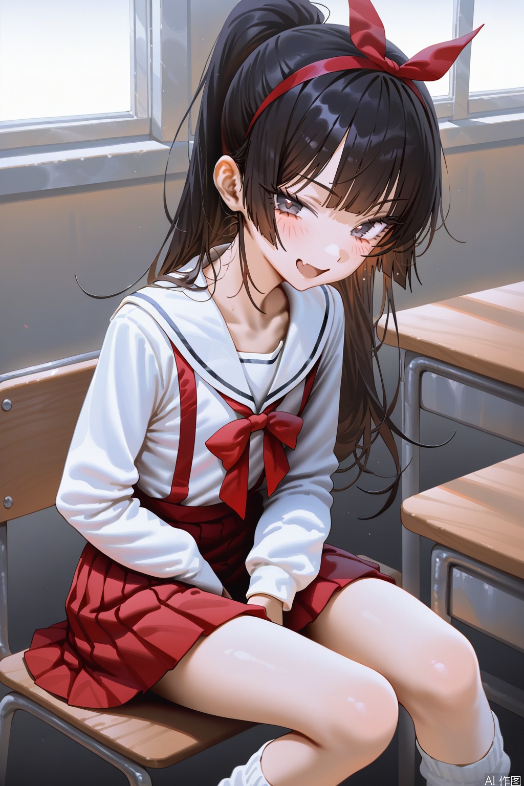 very awa, masterpiece, best quality, highres, absurdres,hxxg,(illustration:1.1),official wallpaper,
1girl,have to pee,hime cut,
smug,fang,long hair,brown hair,ponytail,high ponytail,black eyes,skin fang,blush,school uniform,skirt,red skirt,loose socks,socks,red bow on hair ribbon,red bow hairband,shirt,long sleeves,pleated skirt,suspender skirt,white sailor_collar,flat chest,solo focus,school desk,doyagao,