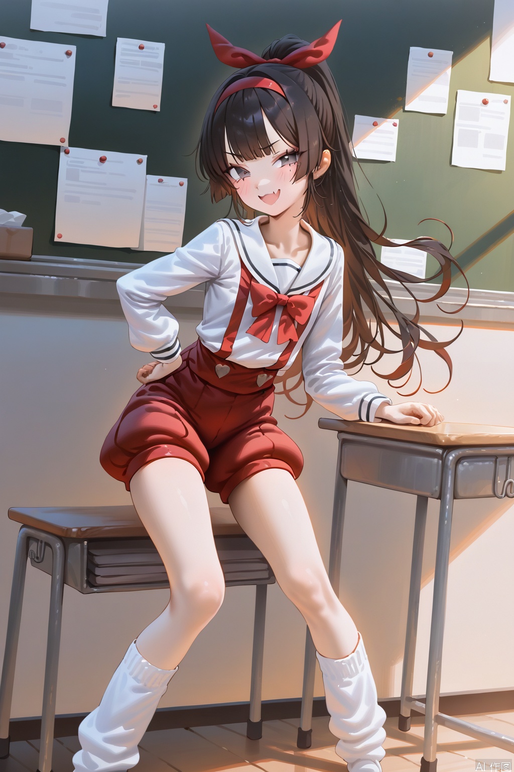 very awa, masterpiece, best quality, highres, absurdres,hxxg,(illustration:1.1),official wallpaper,
1girl,have to pee,hime cut,
smug,fang,brown hair,ponytail,(high ponytail:1.1),long hair,black eyes,skin fang,blush,school uniform,loose socks,socks,red bow on hair ribbon,red bow hairband,shirt,shorts,puffy_shorts,red suspender shorts,long sleeves,white sailor_collar,flat chest,solo focus,school desk,doyagao,