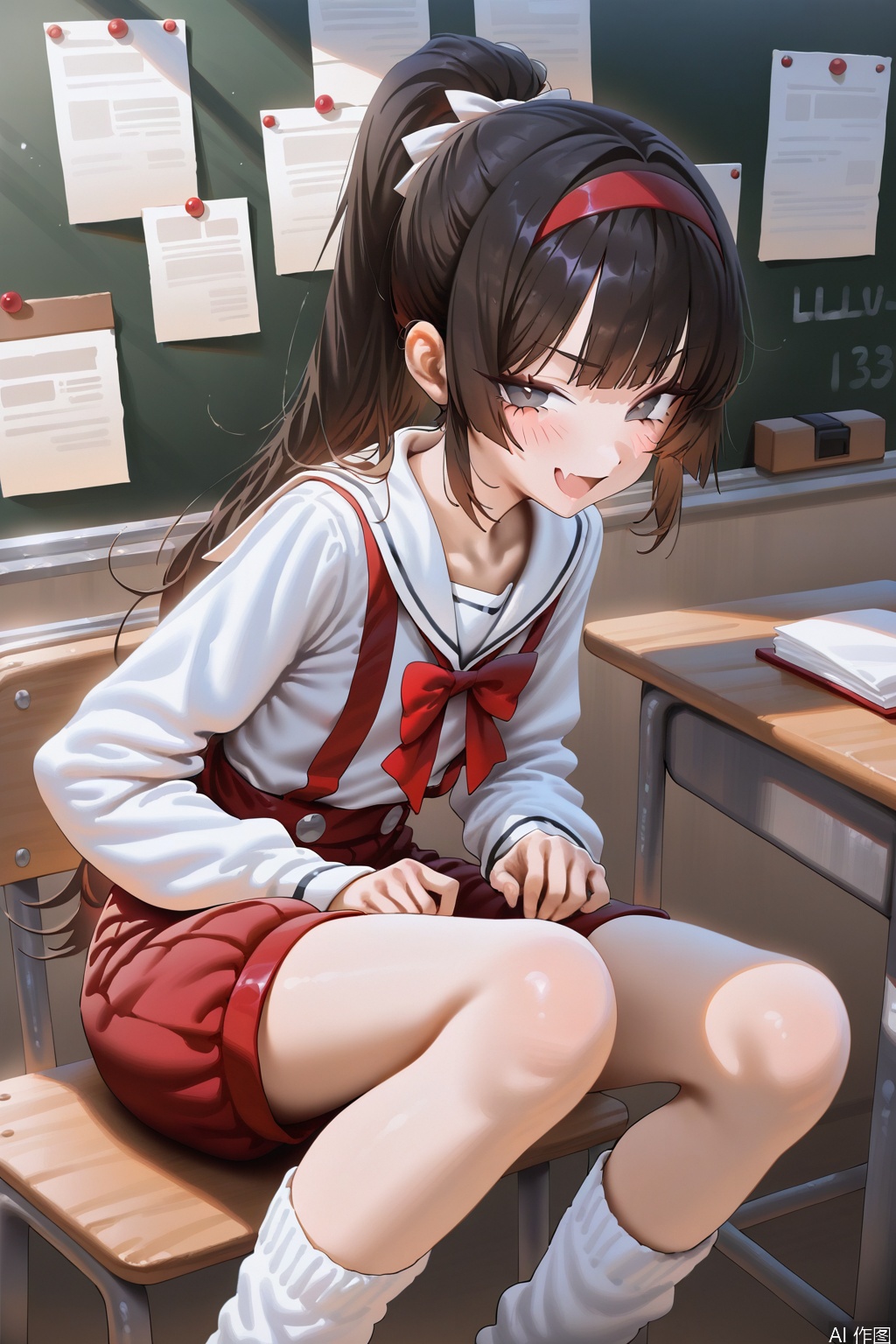very awa, masterpiece, best quality, highres, absurdres,hxxg,(illustration:1.1),official wallpaper,
1girl,have to pee,hime cut,
smug,fang,brown hair,ponytail,(high ponytail:1.1),long hair,black eyes,skin fang,blush,school uniform,loose socks,socks,red bow on hair ribbon,red bow hairband,shirt,shorts,puffy_shorts,red suspender shorts,long sleeves,white sailor_collar,flat chest,solo focus,school desk,doyagao,