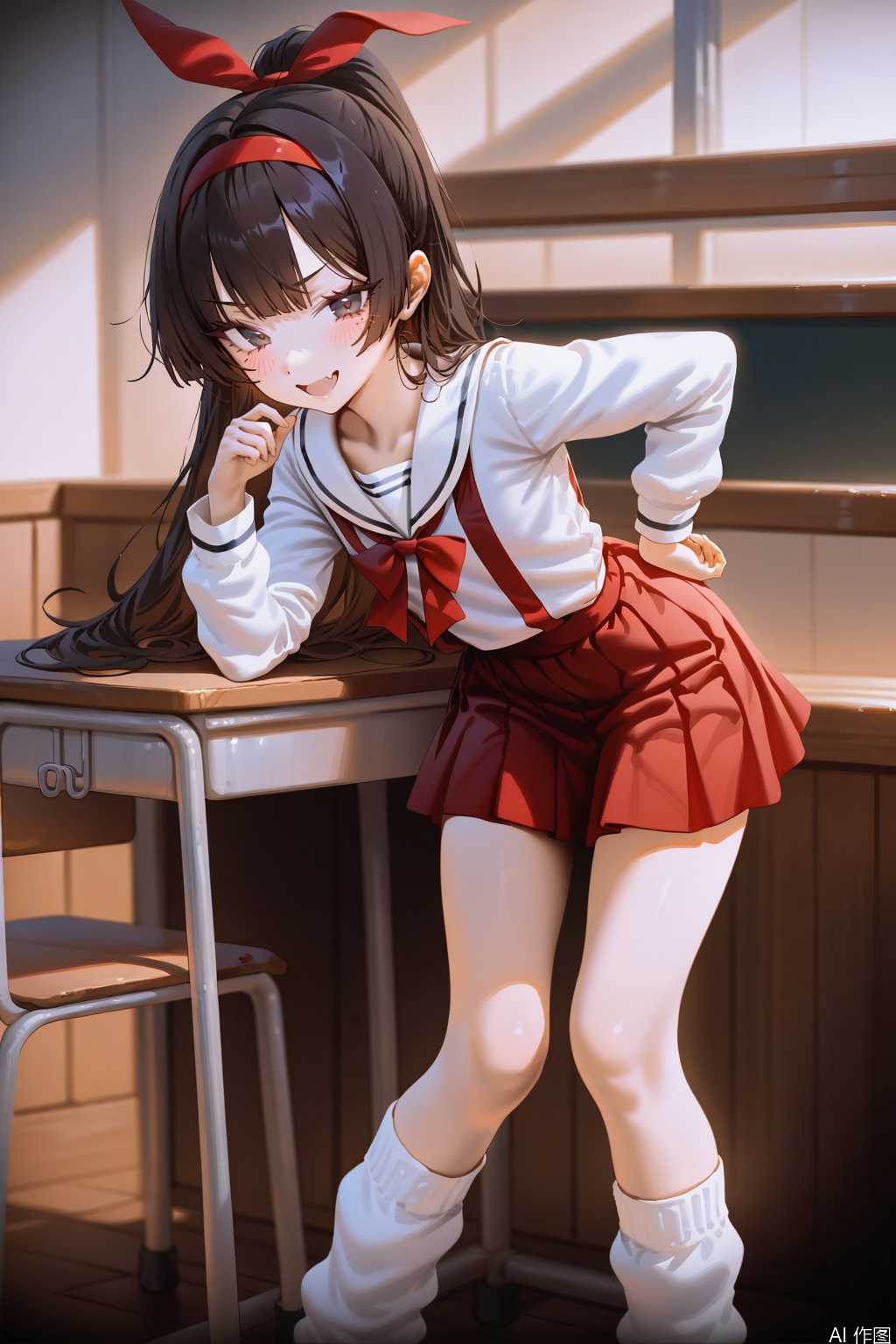 very awa, masterpiece, best quality, highres, absurdres,hxxg,(illustration:1.1),official wallpaper,
1girl,have to pee,hime cut,
smug,fang,long hair,brown hair,ponytail,high ponytail,black eyes,skin fang,blush,school uniform,skirt,red skirt,loose socks,socks,red bow on hair ribbon,red bow hairband,shirt,long sleeves,pleated skirt,suspender skirt,white sailor_collar,flat chest,solo focus,school desk,doyagao,
