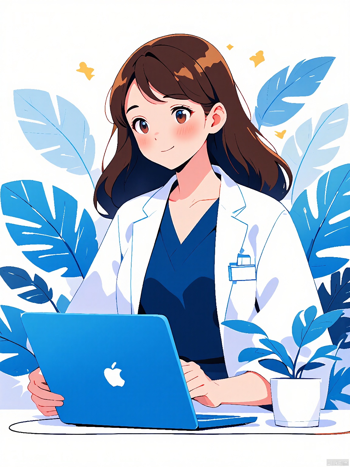 BPCH, Digital illustration of a young woman with long brown hair, wearing a white lab coat over a navy blue shirt, sitting at a desk and working on a blue laptop. She has a friendly expression and is looking at the laptop screen. The background features various blue tropical plants with large leaves, and a small potted plant on the desk. The overall color scheme is light and soothing, with shades of blue and white. The style is clean and modern, with a focus on simplicity and clarity.