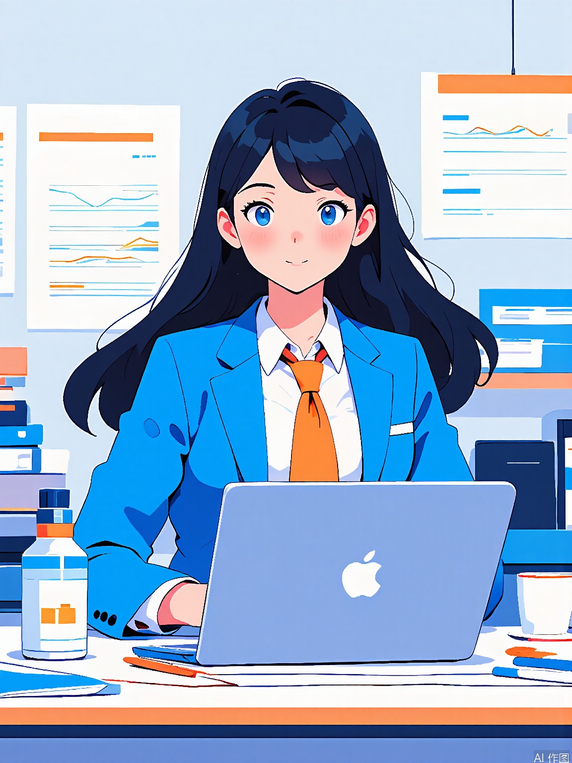 BPCH, Digital drawing of a woman sitting at a desk in an office, working on a laptop. She has long black hair and is wearing a blue suit with a white shirt and orange tie. The desk has a MacBook, a water bottle, a coffee cup, and a pen. The background has a wall with charts and graphs. The style is clean and modern, with bright colors.