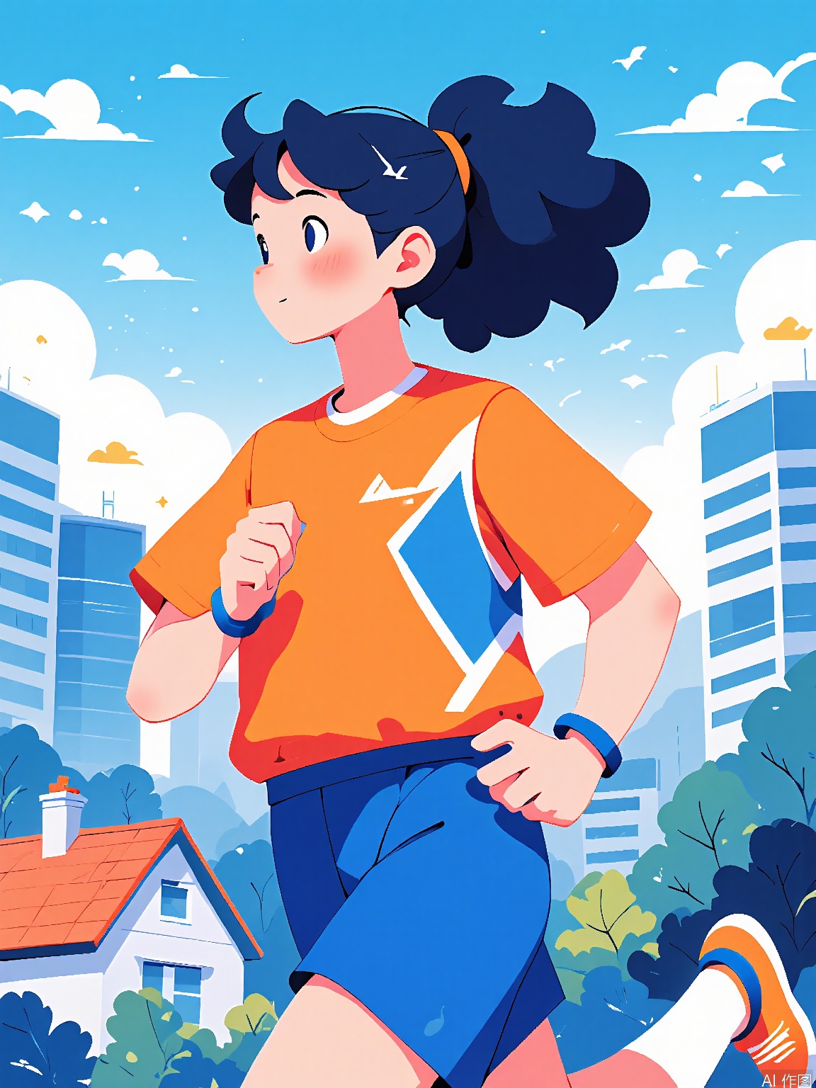 BPCH, Digital illustration of a young woman jogging in a cityscape. She has dark blue hair tied in a high ponytail, wearing an orange and blue athletic outfit with a white logo on the chest. She has a determined expression, looking ahead. The background features stylized city buildings with a blue sky and fluffy clouds. The art style is clean and vibrant, with a cartoonish feel.
