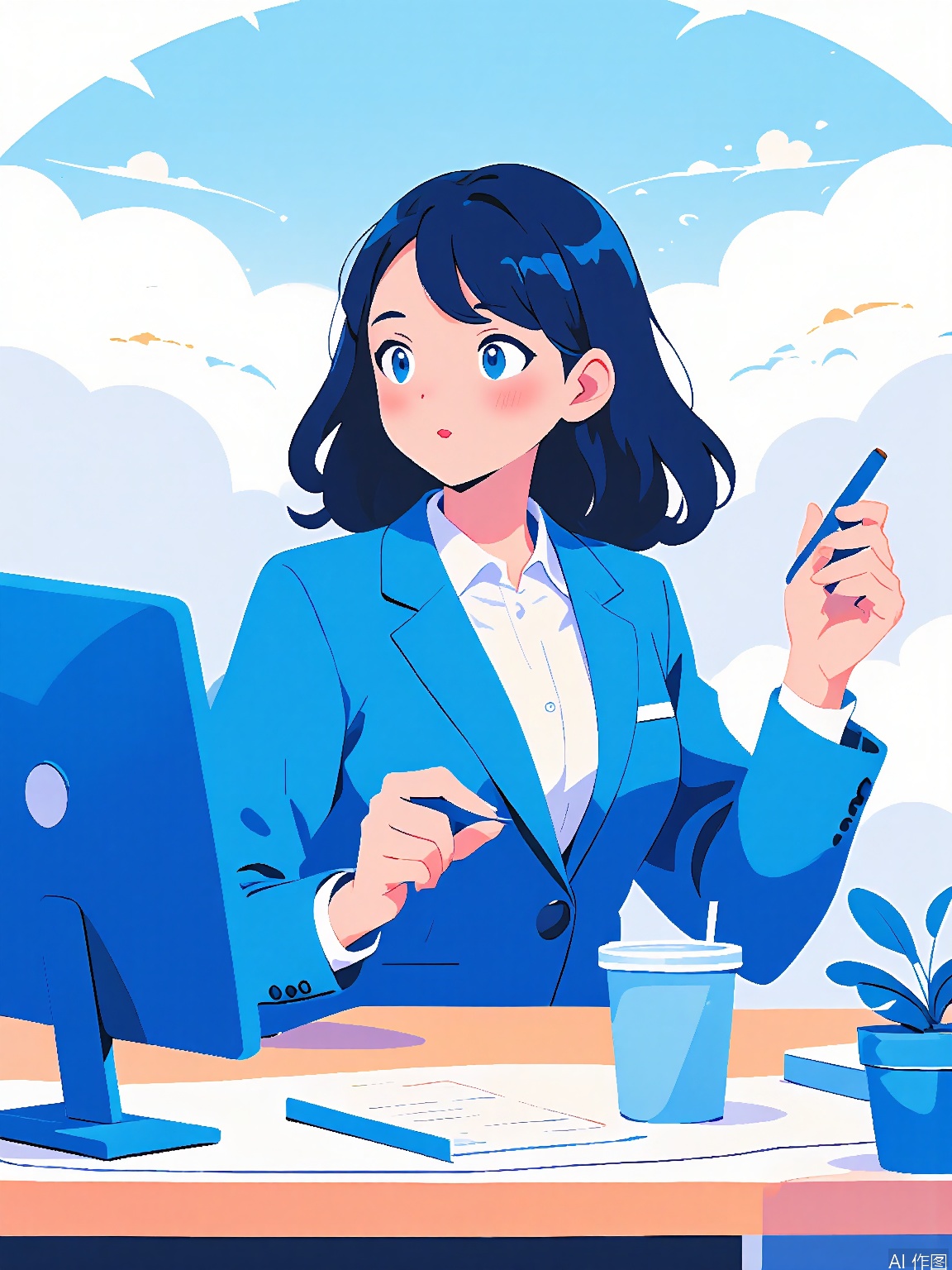 BPCH, A digital illustration in a minimalist, cartoon style featuring a woman with dark blue hair, wearing a blue blazer and white shirt, sitting at a desk with a computer. She has a thoughtful expression, holding a pen in her right hand, and is looking at the computer screen. The background is a simple, light blue sky with white clouds. The desk has a few items on it, including a notepad and a plant. The colors are bright and the style is clean and modern.