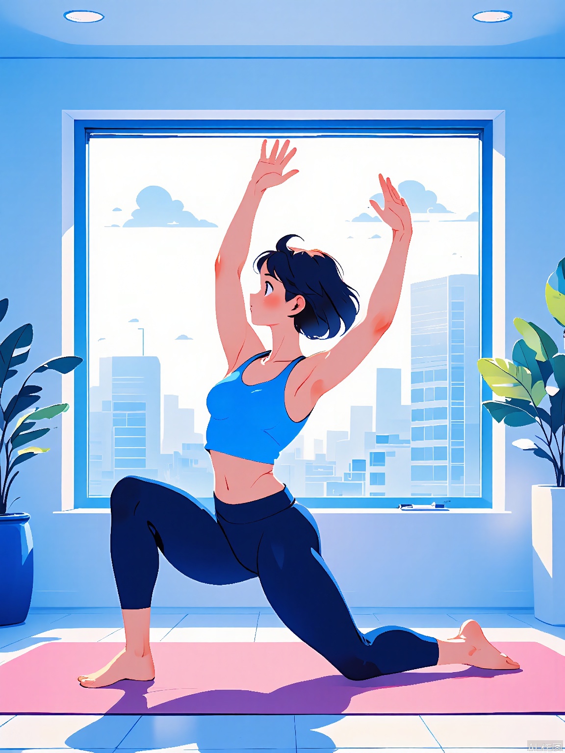 BPCH, A digital illustration of a woman doing a yoga pose in a bright, modern room with a large window behind her. She is wearing a blue sports bra and dark blue leggings. The room has a minimalist design with light blue walls and a pink yoga mat. The woman has short black hair and is in a warrior pose, with one leg extended and arms raised. The background features a cityscape with tall buildings and a partly cloudy sky. The art style is clean and vibrant, with a focus on the subject's form and the serene atmosphere.