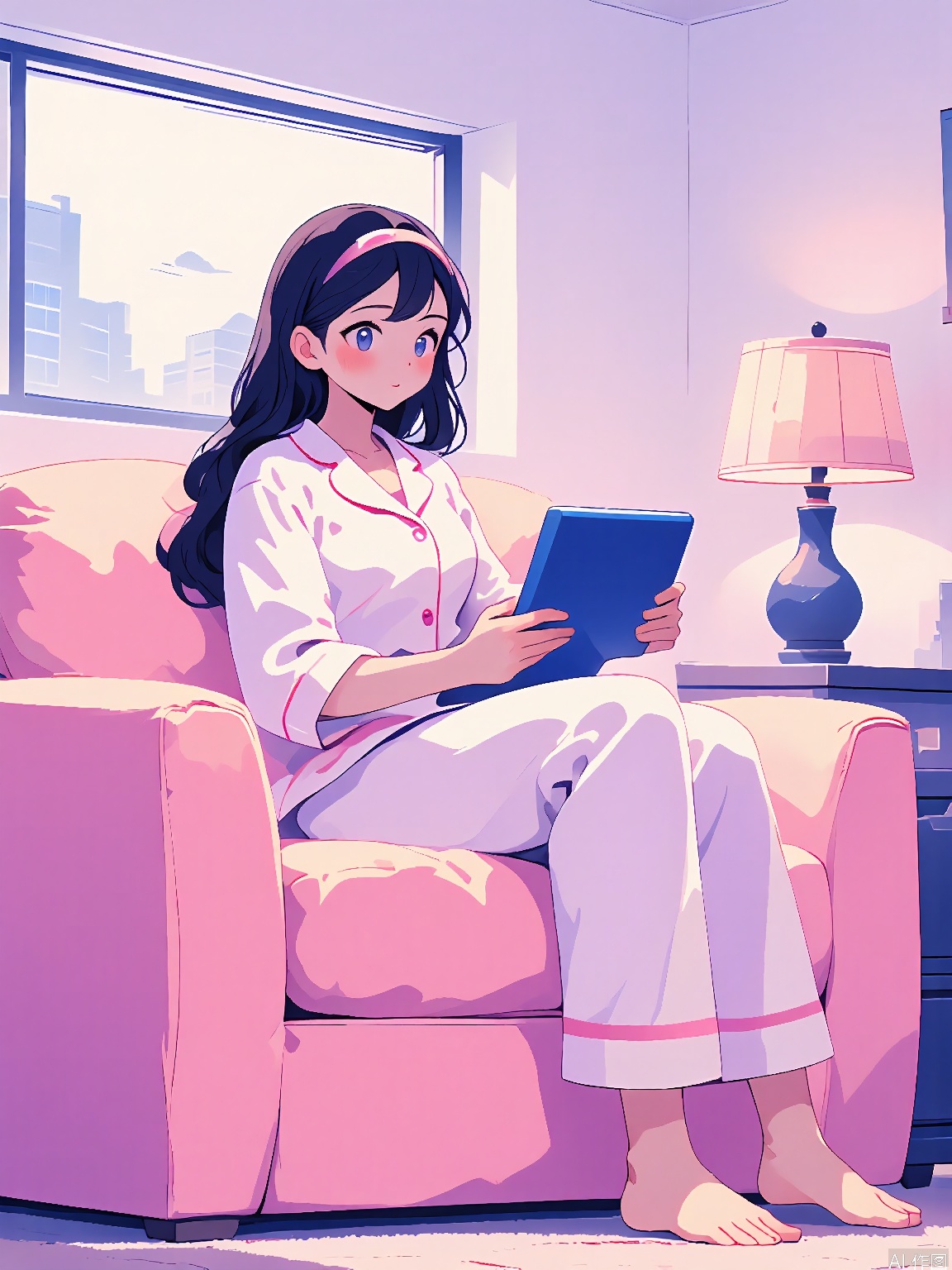 BPCH, A digital illustration of a woman in pajamas sitting on a pink couch, reading a tablet. She has long, dark hair and is wearing a white pajama set with pink accents. The room has a minimalist design with a large window showing a cityscape, a pink table lamp on a round side table, and a framed picture on the wall. The lighting is soft and pastel, giving the scene a cozy and relaxed atmosphere.