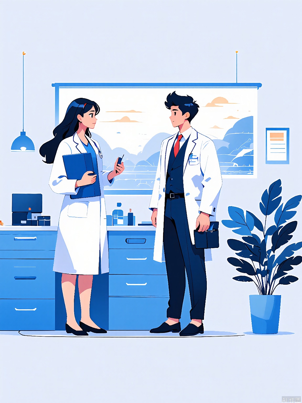 BPCH, Digital illustration of a modern office setting featuring a man and a woman in a professional conversation. The man, with short dark hair, wears a navy blue suit with a red tie and holds a clipboard. The woman, with long dark hair, wears a white lab coat and also holds a clipboard. They stand in front of a light blue desk with a potted plant and a few office supplies. The background includes abstract blue and white wall art and a window showing a stylized landscape. The style is clean and minimalistic with a flat color palette.