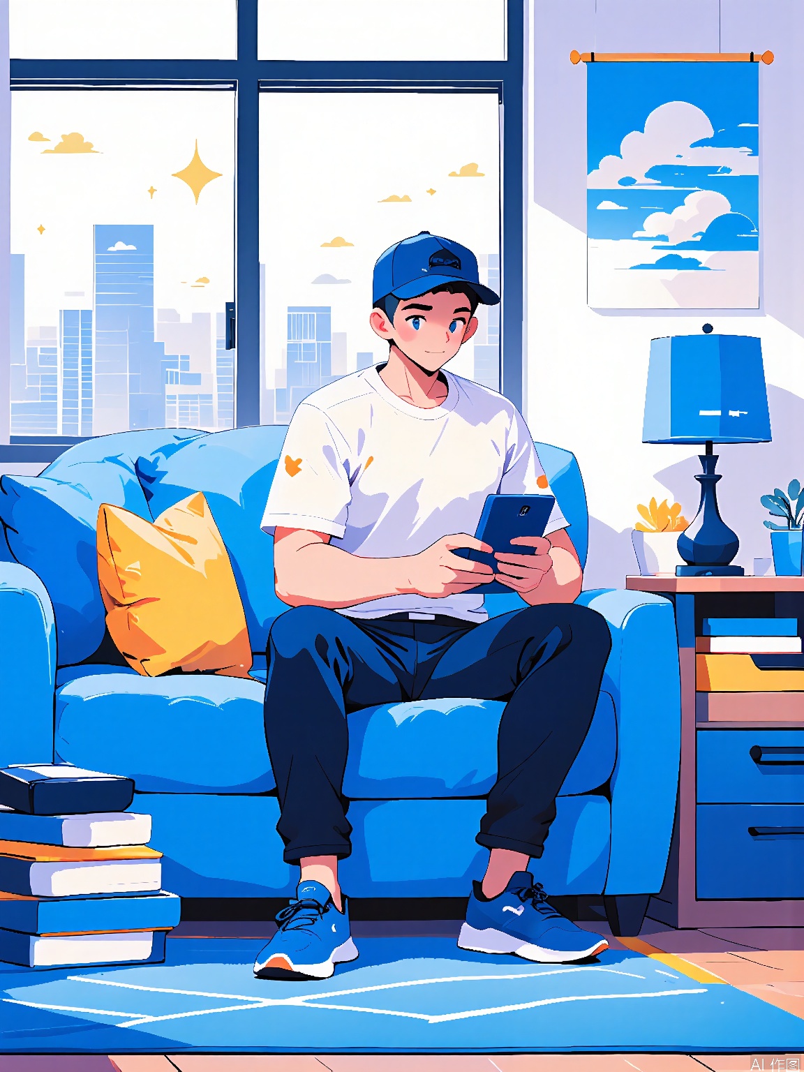 BPCH, A digital illustration of a young man sitting on a blue couch, wearing a blue cap, white t-shirt, dark blue pants, and blue sneakers, holding a smartphone. The background features a large window with a cityscape view, a blue lamp on a side table, and a poster of a blue sky with clouds. The art style is clean and modern, with a soft color palette and a relaxed atmosphere.