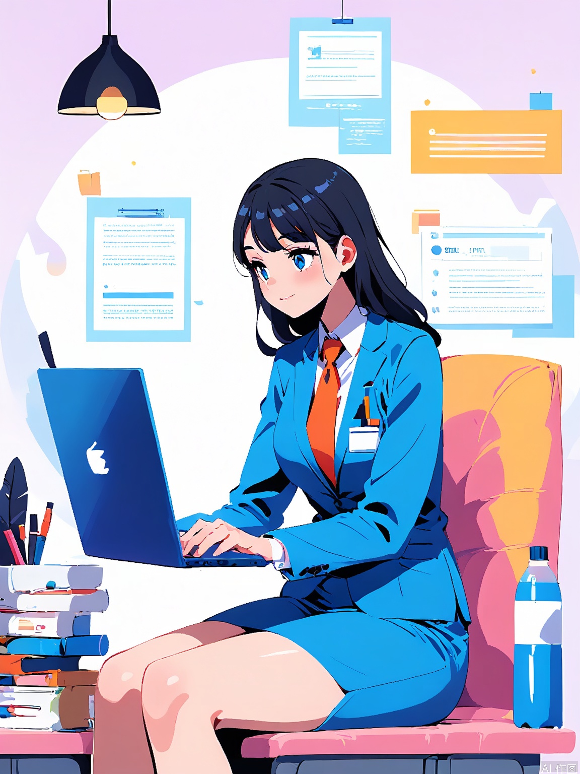 BPCH, Digital drawing of a woman sitting at a desk in an office, working on a laptop. She has long black hair and is wearing a blue suit with a white shirt and orange tie. The desk has a MacBook, a water bottle, a coffee cup, and a pen. The background has a wall with charts and graphs. The style is clean and modern, with bright colors.

