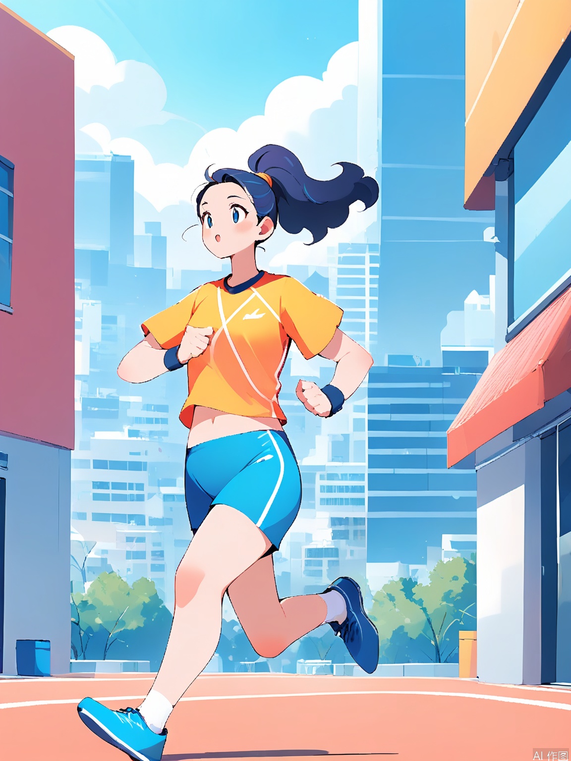 BPCH, Digital illustration of a young woman jogging in a cityscape. She has dark blue hair tied in a high ponytail, wearing an orange and blue athletic outfit with a white logo on the chest. She has a determined expression, looking ahead. The background features stylized city buildings with a blue sky and fluffy clouds. The art style is clean and vibrant, with a cartoonish feel.
