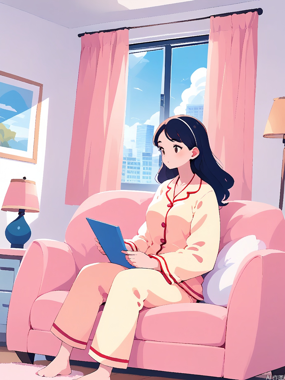 BPCH, A digital illustration of a woman in pajamas sitting on a pink couch, reading a tablet. She has long, dark hair and is wearing a white pajama set with pink accents. The room has a minimalist design with a large window showing a cityscape, a pink table lamp on a round side table, and a framed picture on the wall. The lighting is soft and pastel, giving the scene a cozy and relaxed atmosphere.
