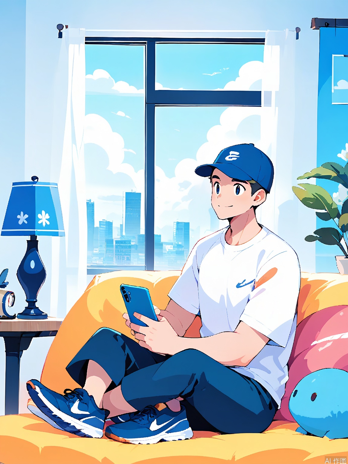 BPCH, A digital illustration of a young man sitting on a blue couch, wearing a blue cap, white t-shirt, dark blue pants, and blue sneakers, holding a smartphone. The background features a large window with a cityscape view, a blue lamp on a side table, and a poster of a blue sky with clouds. The art style is clean and modern, with a soft color palette and a relaxed atmosphere.
