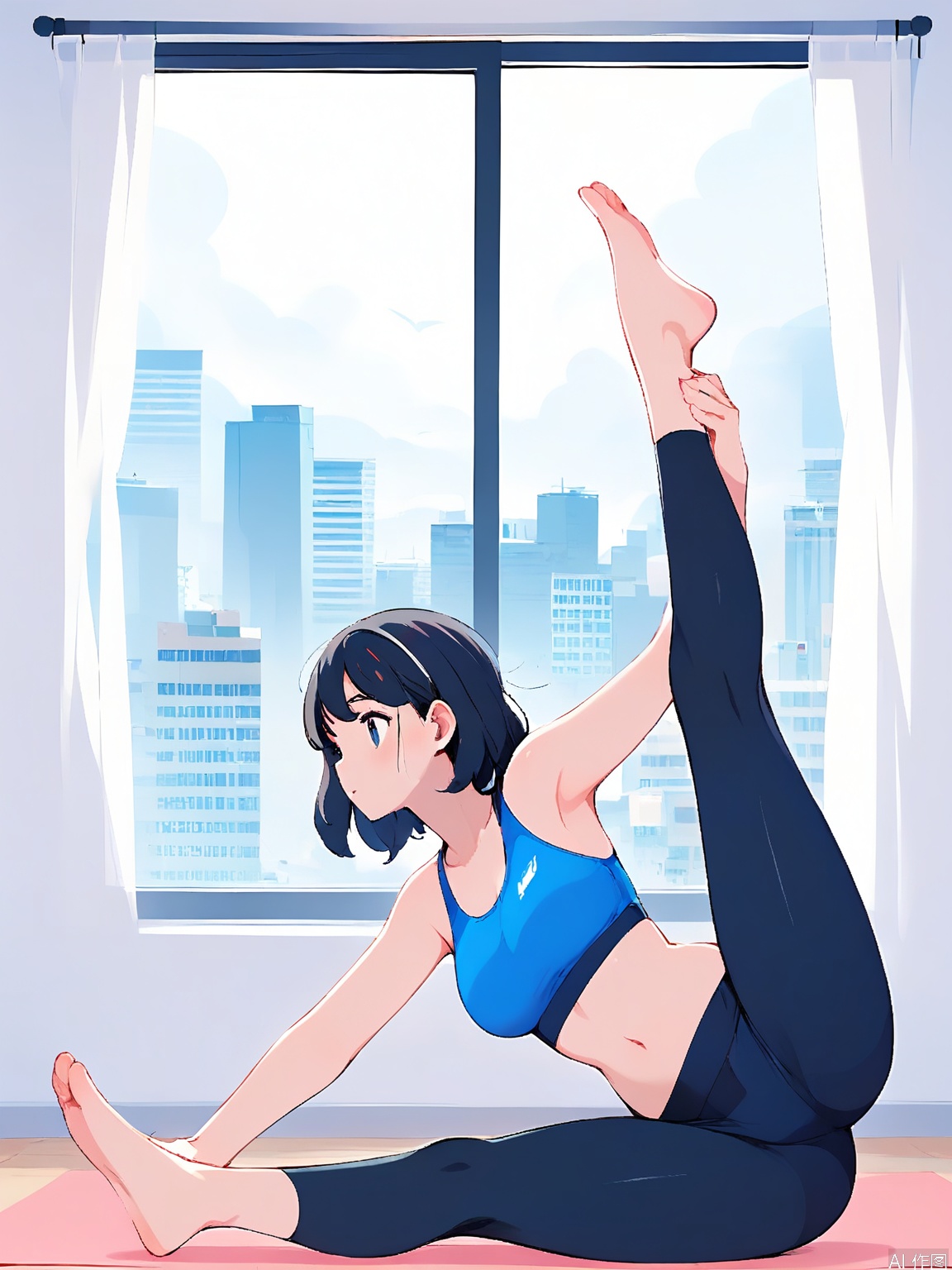 BPCH, A digital illustration of a woman doing a yoga pose in a bright, modern room with a large window behind her. She is wearing a blue sports bra and dark blue leggings. The room has a minimalist design with light blue walls and a pink yoga mat. The woman has short black hair and is in a warrior pose, with one leg extended and arms raised. The background features a cityscape with tall buildings and a partly cloudy sky. The art style is clean and vibrant, with a focus on the subject's form and the serene atmosphere.
