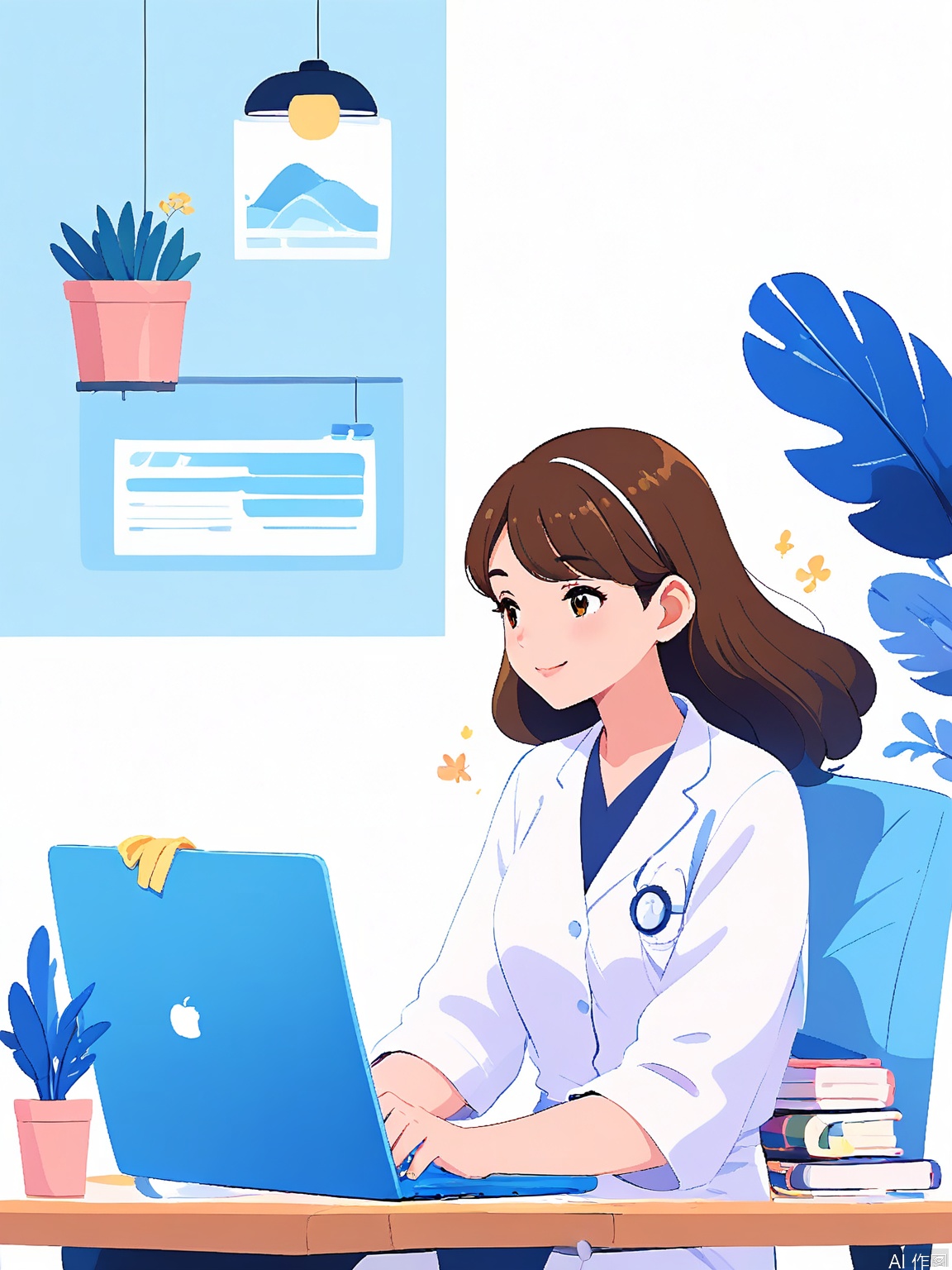 BPCH, Digital illustration of a young woman with long brown hair, wearing a white lab coat over a navy blue shirt, sitting at a desk and working on a blue laptop. She has a friendly expression and is looking at the laptop screen. The background features various blue tropical plants with large leaves, and a small potted plant on the desk. The overall color scheme is light and soothing, with shades of blue and white. The style is clean and modern, with a focus on simplicity and clarity.
