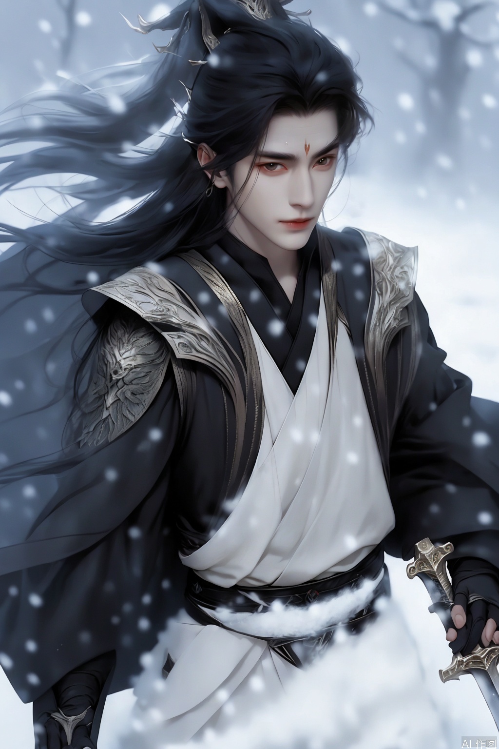 handsome man, solo, dark_hair, white hair, sword, forest, female solo, snow, hood, bangs, snowing, holding, long hair, sword in mouth, hood down, 1boy, holding sword, horse, weapons, armor, holding weapon, brown eyes, closed mouth, black coat, holding sword in mouth, hooded coat, male focus, hooded cloak, cape, coat, photoshop (medium), horses, male focus, holding sword in right hand, cloak, sfw 