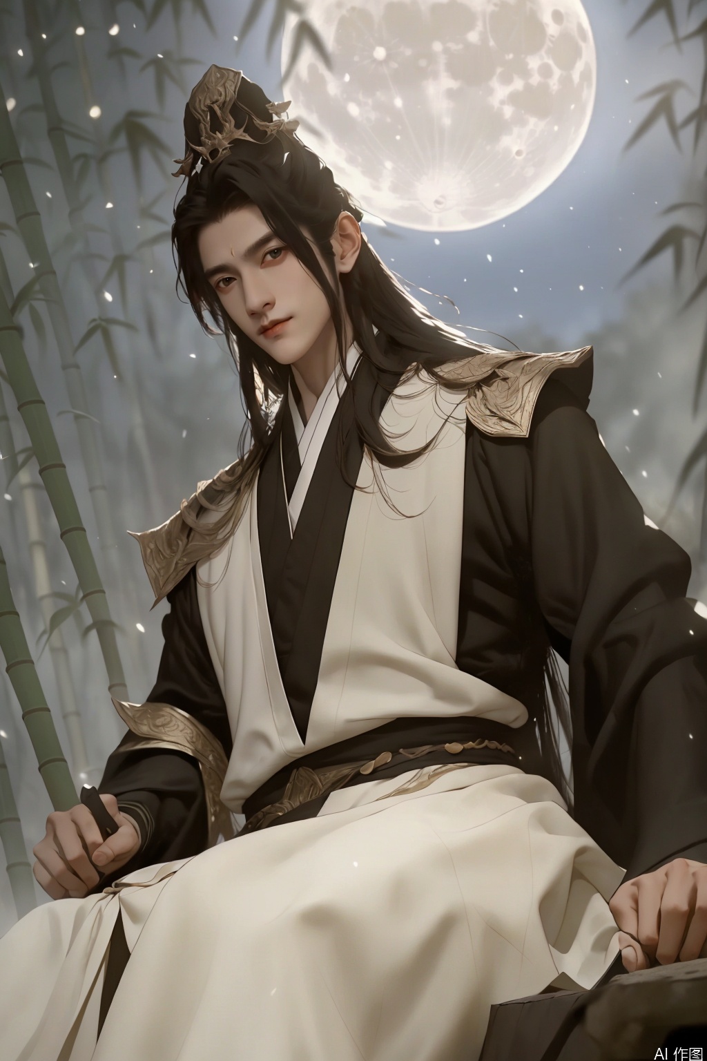 handsome man,handsome man,A handsome man wearing dark green ancient style clothes is sitting in the bamboo forest at night with a bright moon in the sky.,