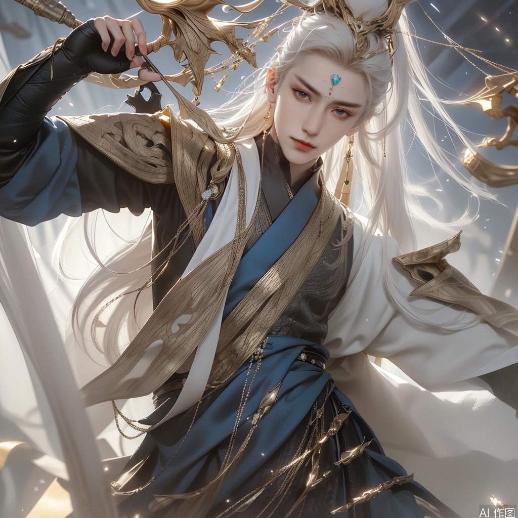 In a realm veiled in soft, ethereal light, a magnificent white - haired immortal master appears. His long, flowing white hair cascades down his back like a waterfall of moonlight, each strand glistening faintly as if woven with stardust. It seems to move with a life of its own, gently swaying in an unfelt breeze, adding to his otherworldly allure.​
He is attired in a robe of the most exquisite silk, a shade of pure white that seems to glow from within. The robe is adorned with elaborate embroidery in threads of silver and gold, forming intricate patterns of ancient runes, mythical beasts, and celestial constellations. These patterns seem to shift and shimmer, as if they are alive and telling stories of the ages. The wide sleeves are edged with the feathers of some rare, celestial bird, feathers that are iridescent, changing colors with every movement, from a deep, royal blue to a warm, golden hue.​
Around his waist is a belt made of polished jade, each piece carved with the utmost precision into the shape of dragons coiling around each other. Hanging from the belt are several small, jade amulets, each engraved with symbols of protection and power. A long, flowing sash, dyed a deep shade of indigo, is wrapped around him, trailing behind like a stream of midnight sky.​
On his head, he wears a diadem of purest crystal, inlaid with rubies, sapphires, and emeralds that are said to have been plucked from the heart of the stars. The crystal catches the light and refracts it into a rainbow of colors, creating a halo of light around his head. His ears are adorned with long, dangling earrings made of silver and adorned with small, glowing pearls.​
His face is a picture of serenity and wisdom. High cheekbones, a straight, noble nose, and full lips that seem to hold the secrets of the universe. His eyes, a clear, piercing blue, are like two deep pools, reflecting the knowledge of countless lifetimes. There is a gentle smile on his lips