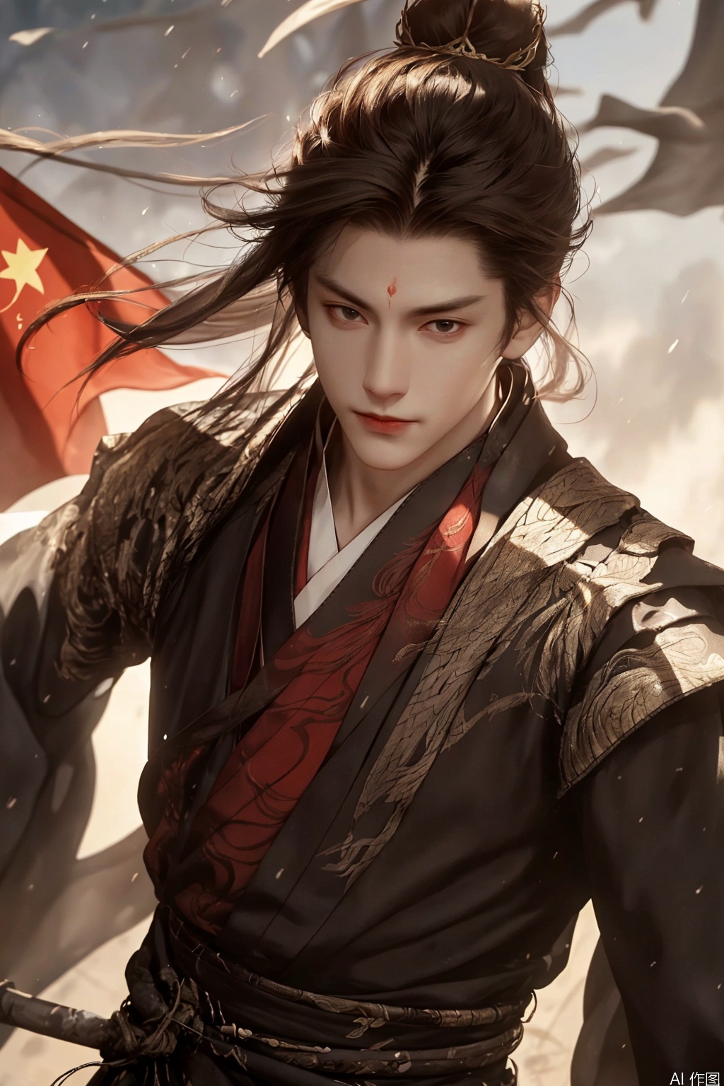 1boy,Close-up shot of the face,one man wears hanfu,traditional Chinese battle banners torn by wind,ultra-realistic textile textures,Unreal Engine 5 ray tracing,8K IMAX film grain,Correct human body structure, correct proportion