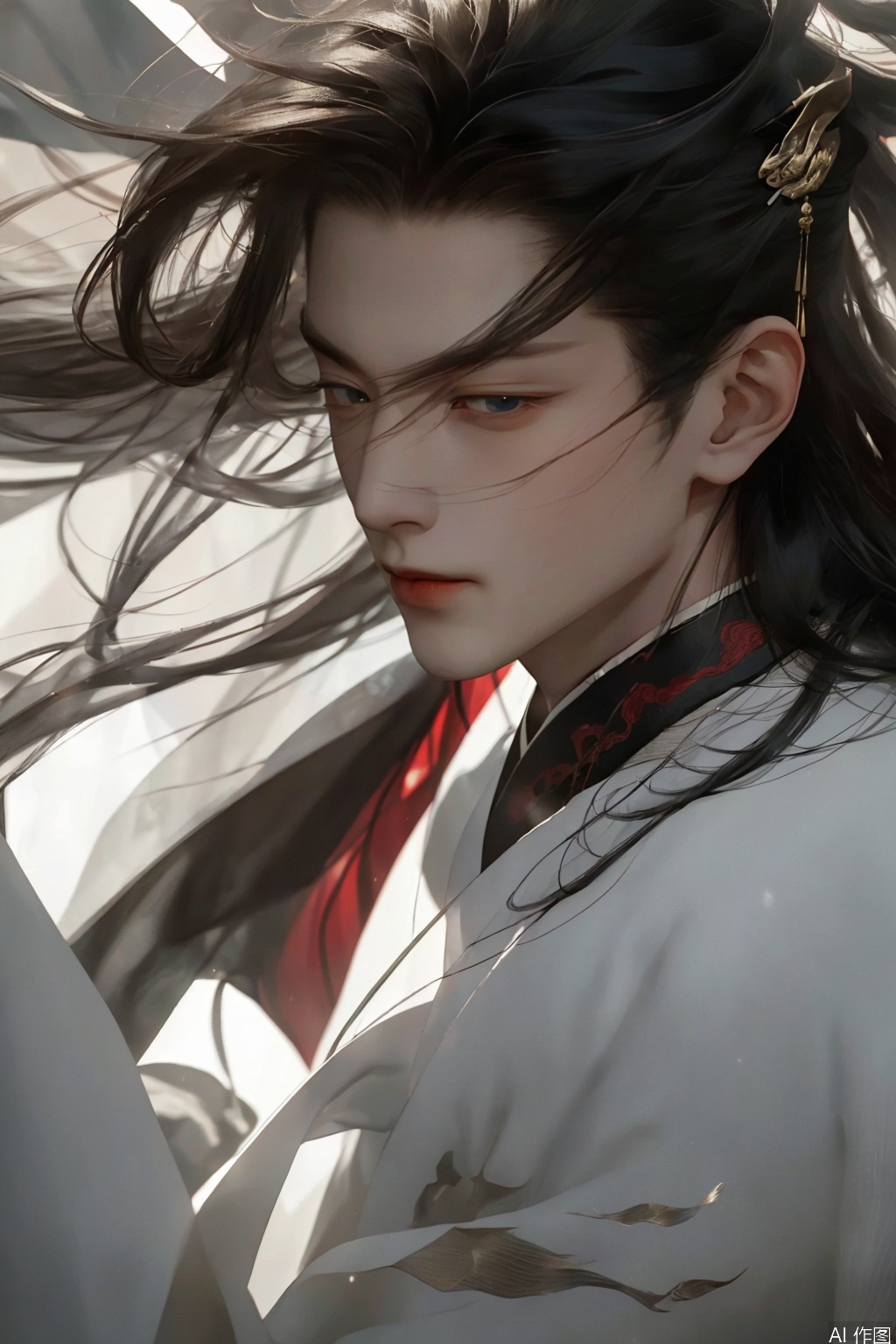 1boy,Close-up shot of the face,one man wears hanfu,traditional Chinese battle banners torn by wind,ultra-realistic textile textures,Unreal Engine 5 ray tracing,8K IMAX film grain,Correct human body structure, correct proportion
