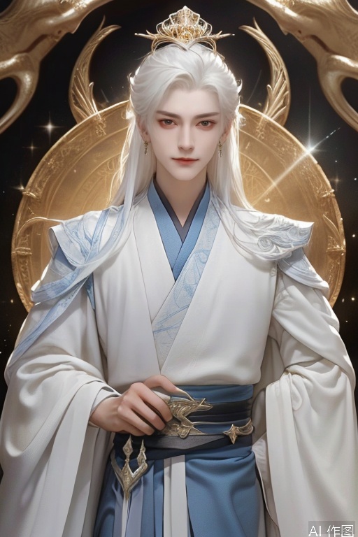 In a realm veiled in soft, ethereal light, a magnificent white - haired immortal master appears. His long, flowing white hair cascades down his back like a waterfall of moonlight, each strand glistening faintly as if woven with stardust. It seems to move with a life of its own, gently swaying in an unfelt breeze, adding to his otherworldly allure.​
He is attired in a robe of the most exquisite silk, a shade of pure white that seems to glow from within. The robe is adorned with elaborate embroidery in threads of silver and gold, forming intricate patterns of ancient runes, mythical beasts, and celestial constellations. These patterns seem to shift and shimmer, as if they are alive and telling stories of the ages. The wide sleeves are edged with the feathers of some rare, celestial bird, feathers that are iridescent, changing colors with every movement, from a deep, royal blue to a warm, golden hue.​
Around his waist is a belt made of polished jade, each piece carved with the utmost precision into the shape of dragons coiling around each other. Hanging from the belt are several small, jade amulets, each engraved with symbols of protection and power. A long, flowing sash, dyed a deep shade of indigo, is wrapped around him, trailing behind like a stream of midnight sky.​
On his head, he wears a diadem of purest crystal, inlaid with rubies, sapphires, and emeralds that are said to have been plucked from the heart of the stars. The crystal catches the light and refracts it into a rainbow of colors, creating a halo of light around his head. His ears are adorned with long, dangling earrings made of silver and adorned with small, glowing pearls.​
His face is a picture of serenity and wisdom. High cheekbones, a straight, noble nose, and full lips that seem to hold the secrets of the universe. His eyes, a clear, piercing blue, are like two deep pools, reflecting the knowledge of countless lifetimes. There is a gentle smile on his lips