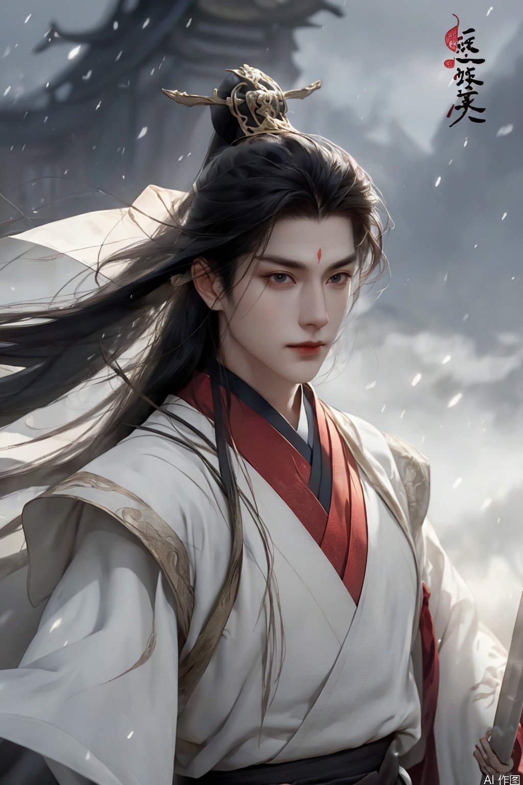 1boy,one man wears hanfu,traditional Chinese battle banners torn by wind,ultra-realistic textile textures,Unreal Engine 5 ray tracing,8K IMAX film grain,Correct human body structure, correct proportion,Close-up bust shot of the face, magazine cover poster