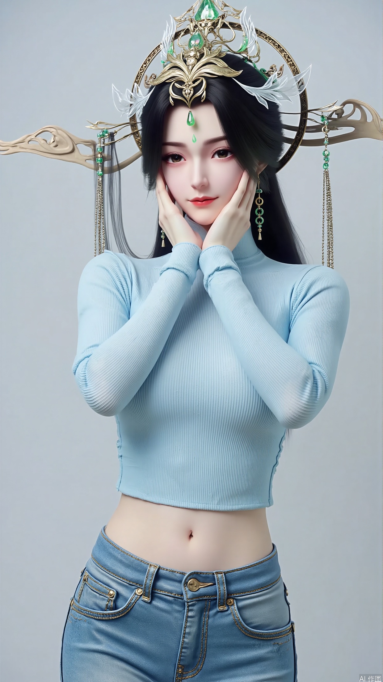 Create a portrait of a young girl as the protagonist. With a faint smile, she wore long black hair that naturally drooped. Wearing a particularly exquisite headpiece on his head, this headpiece is mainly made of golden metal, inlaid with beautiful emeralds, and has a thin chain hanging down, making it look very gorgeous.
She was wearing a light blue short knitted sweater on her upper body. Paired with a pair of blue jeans, it looks casual and stylish.
She used one hand to model her face. Place the other hand on your waist. Use a simple light gray background.