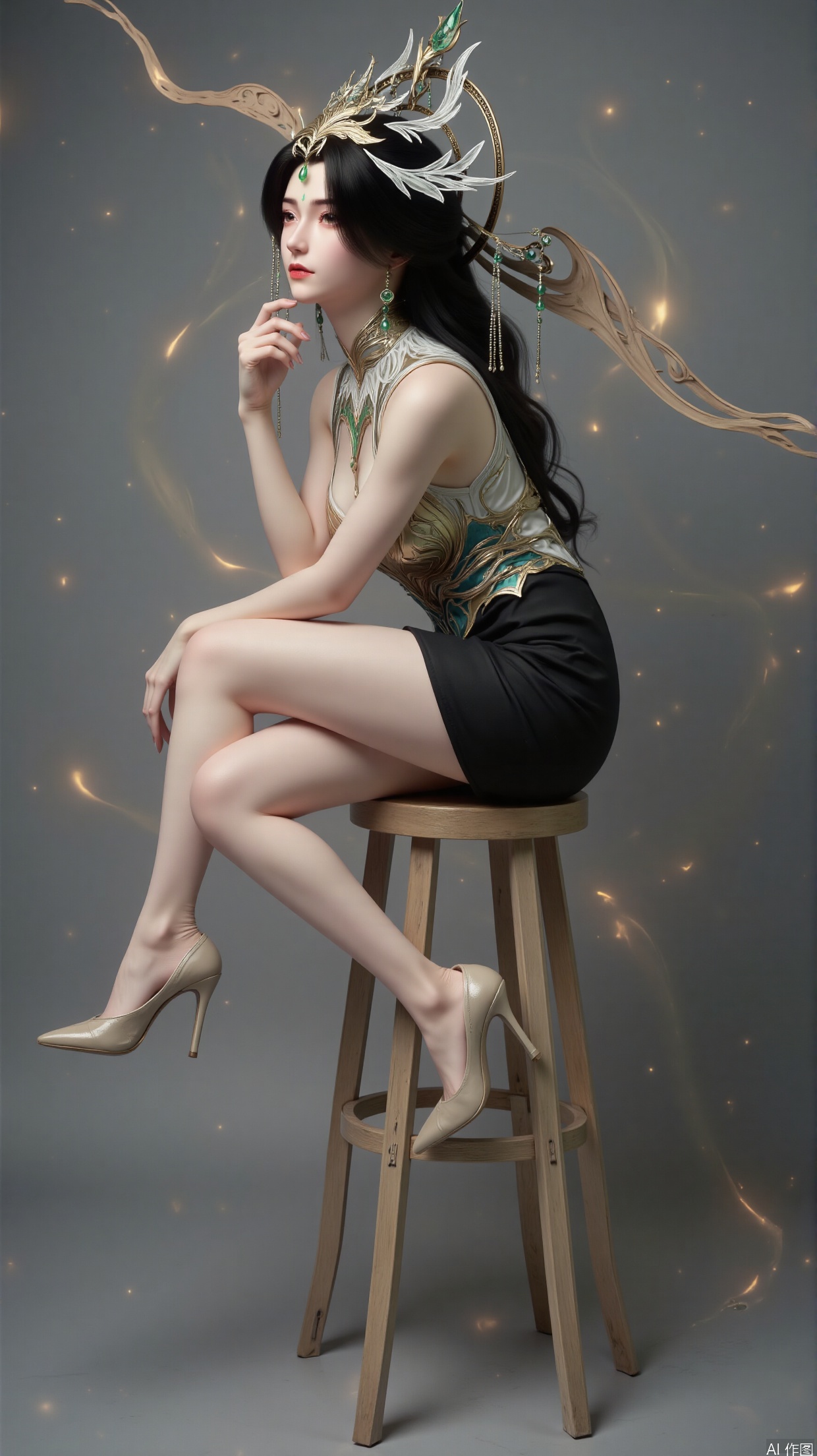 An elegant oriental woman with porcelain skin and amber almond-shaped eyes, her wavy black hair cascading over shoulders. Wearing cream embossed high heels and flesh-colored pantyhose accentuating slender legs, paired with a black pencil skirt. Sitting sideways on a minimalist barstool with crossed legs, fingers gently touching chin in contemplation. Monochromatic grey backdrop enhances dimensional lighting, combining 45° window light with ring fill for luminous glow. Inspired by Angela Costa's fashion portraiture, captured with Hasselblad H6D-400C (85mm f/1.4 lens, ISO200 f/2.8 1/125s). Soft focus and shallow depth of field create ethereal texture, warm apricot tones accented with silver highlights.plns_high heels.The headwear is a masterpiece, with the main body interwoven with complex metal lines, outlining intricate and gorgeous patterns, and a dazzling golden luster. There are various sizes of emerald green gemstones embedded in it, which refract charming radiance under the light. The slender decorations extending from both sides are slightly curved and upturned, with small jade pendants at the ends that gently sway with the movements of the characters, adding a dynamic beauty to the overall design.