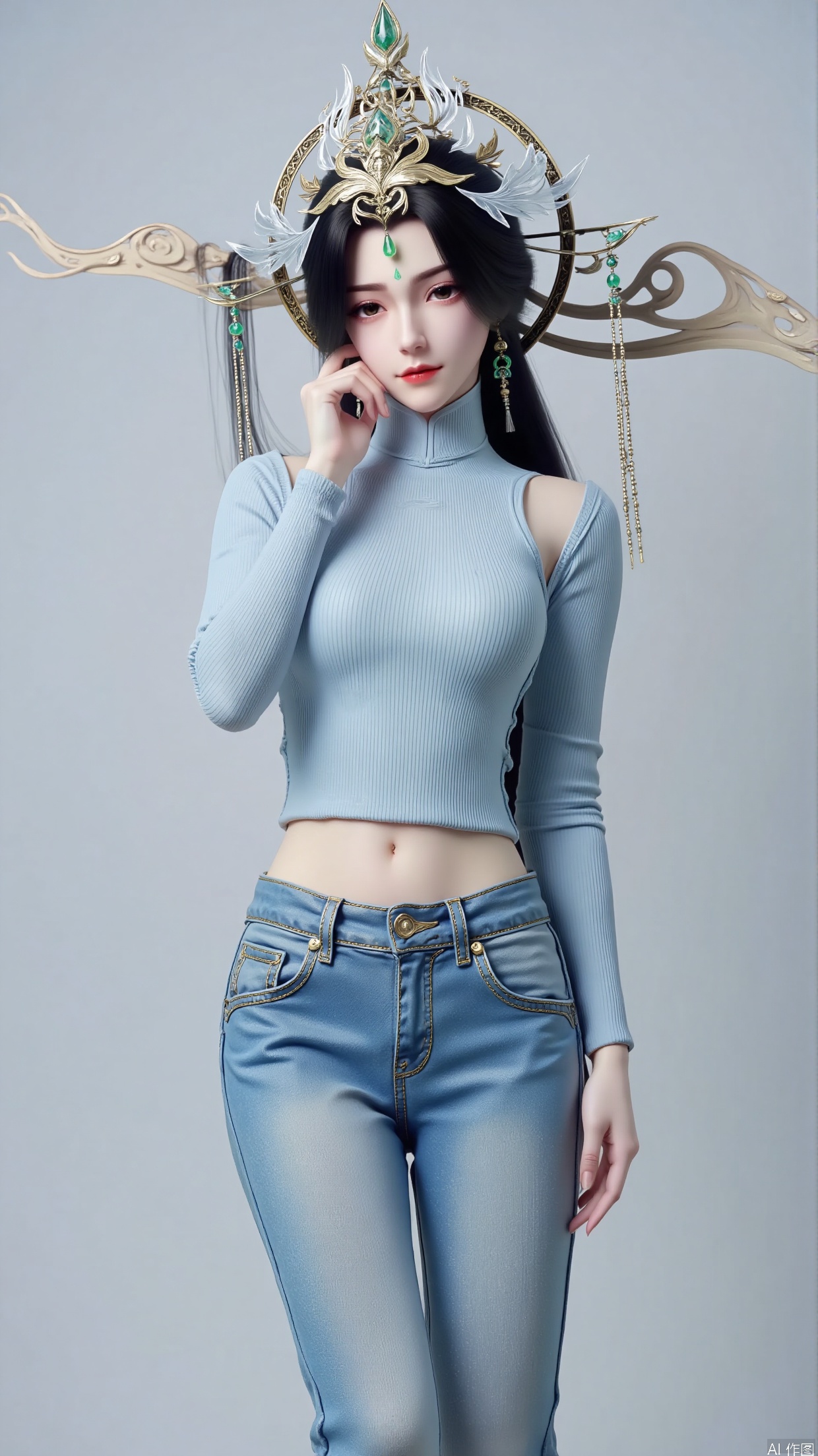 Create a portrait of a young girl as the protagonist. With a faint smile, she wore long black hair that naturally drooped. Wearing a particularly exquisite headpiece on his head, this headpiece is mainly made of golden metal, inlaid with beautiful emeralds, and has a thin chain hanging down, making it look very gorgeous.
She was wearing a light blue short knitted sweater on her upper body. Paired with a pair of blue jeans, it looks casual and stylish.
She used one hand to model her face. Place the other hand on your waist. Use a simple light gray background.