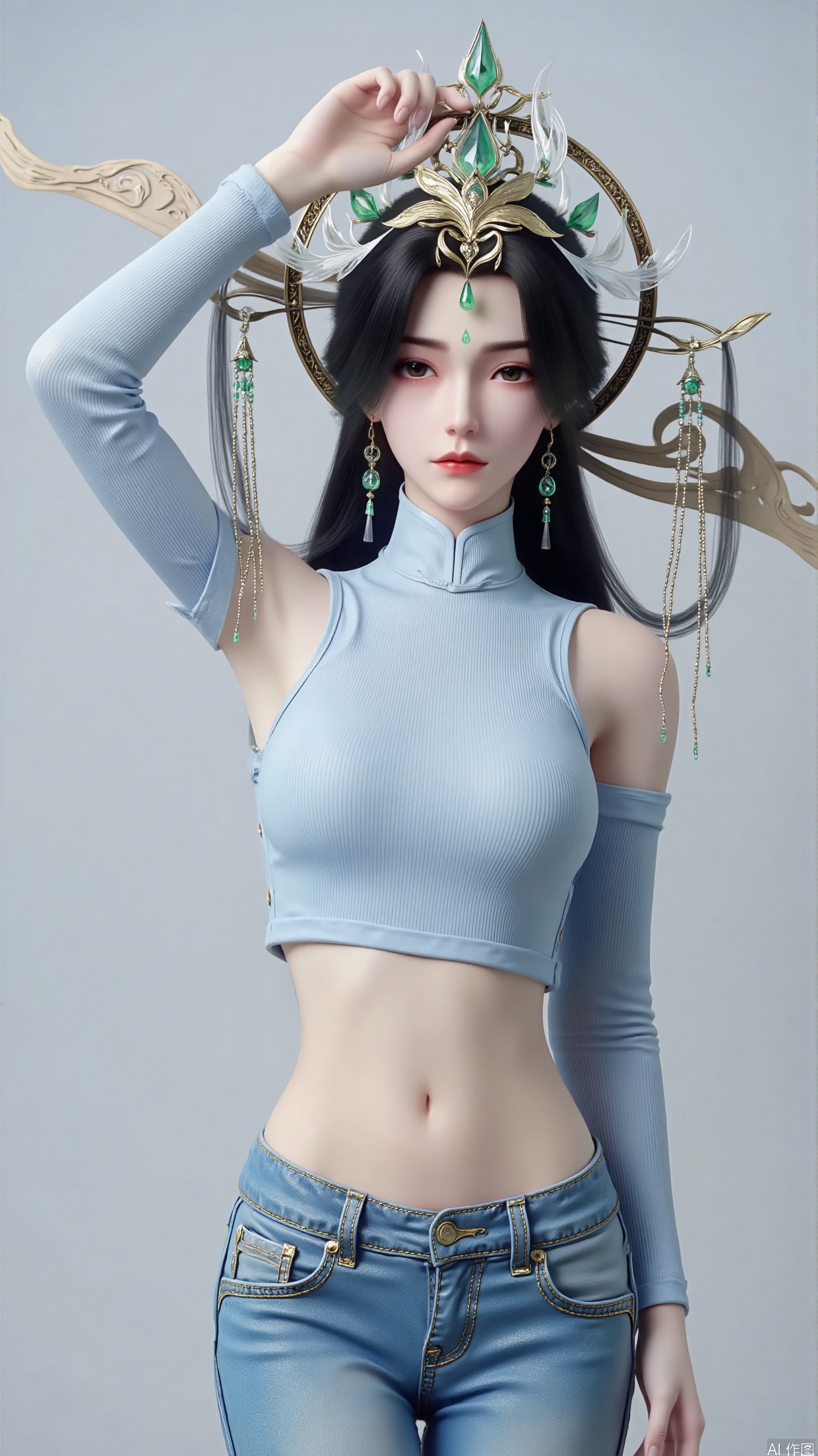 Create a portrait of a young girl as the protagonist. She has long black hair that naturally falls down. Wearing a particularly exquisite headpiece on his head, this headpiece is mainly made of golden metal, inlaid with beautiful emeralds, and has a thin chain hanging down, making it look very gorgeous.
She was wearing a light blue short top on her upper body. Paired with a pair of blue jeans, it looks casual and stylish.
She raised one hand high and touched the headpiece on her head with the other, showcasing her beauty and the delicacy of the headpiece. Use a simple light gray background.
