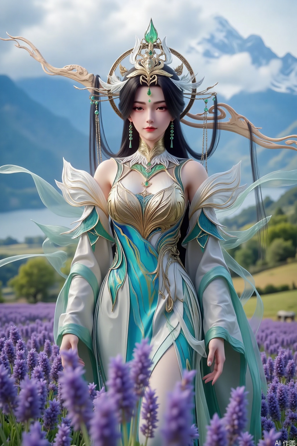 The image depicts a beautifully designed character standing amidst a field of lavender flowers. The character is adorned in an intricate, elegant outfit that combines elements of fantasy and nature. The attire features a mix of metallic and flowing fabric, with a prominent golden chest piece and a headpiece that resembles a crown. The character's hair is long and dark, cascading down their shoulders, and they are wearing delicate earrings. The background consists of a serene landscape with rolling hills and a soft, pastel sky, enhancing the ethereal quality of the scene.A female with the demeanor of an Asian immortal hero, with delicate facial features, fair and smooth skin, soft facial features, and classical beauty. Her eyebrows are slender like willow leaves, and her eyes are big and bright. Lips slightly raised, revealing a faint smile that appeared elegant and confident.
His eyes are deep and cold, like a cold star in a secluded pond. The emerald green flower bud between the eyebrows is like a carved jade, echoing the headwear and highlighting the cold and noble appearance of the face. The long black hair cascades down smoothly like a waterfall, with a slightly curled tail that is naturally casual.
The headwear is a masterpiece, with the main body interwoven with complex metal lines, outlining intricate and gorgeous patterns, and a dazzling golden luster. There are various sizes of emerald green gemstones embedded in it, which refract charming radiance under the light. The slender decorations extending from both sides are slightly curved and upturned, with small jade pendants at the ends that gently sway with the movements of the characters, adding a dynamic beauty to the overall design.Surrounded by lush vegetation, several trees adorn it, some with lush branches and leaves, while others appear slightly withered. In the distance, majestic mountains stand tall against the backdrop of blue sky and white clouds, with peaks shrouded in mist and clouds. The overall picture is brightly colored, with blue sky and white clouds, green mountains and waters, and yellow brown calcified landforms intertwined, showcasing the exquisite craftsmanship and peaceful magnificence of nature.