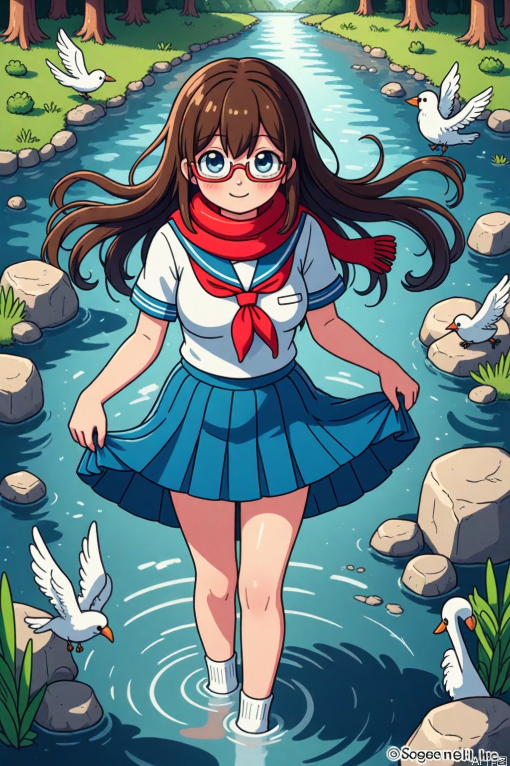 1girl, solo, long hair, breasts, looking at viewer, blush, smile, bangs, blue eyes, skirt, brown hair, shirt, hair between eyes, medium breasts, closed mouth, school uniform, standing, white shirt, short sleeves, pleated skirt, outdoors, glasses, serafuku, day, socks, sailor collar, water, scarf, blue skirt, neckerchief, floating hair, bird, animal, watermark, grass, white socks, blue sailor collar, semi-rimless eyewear, red neckerchief, wading, red-framed eyewear, under-rim eyewear, red scarf, rock, skirt hold, ripples, river, pond