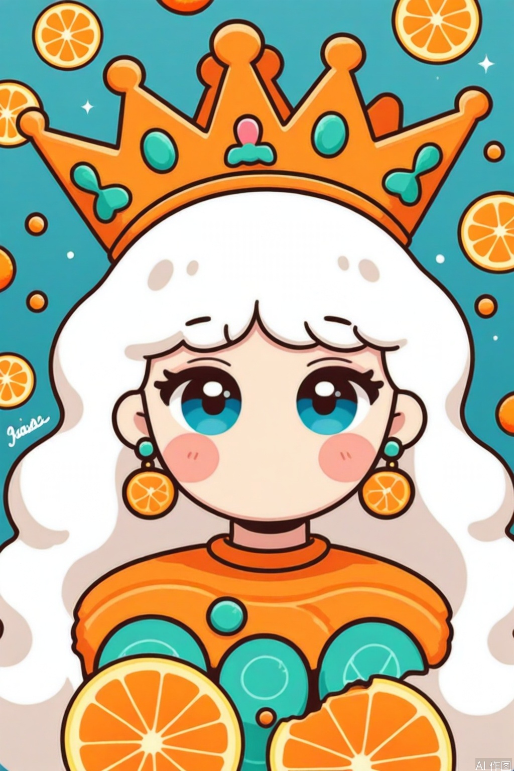 1girl, solo, long hair, looking at viewer, blush, bangs, blue eyes, jewelry, upper body, white hair, earrings, food, signature, fruit, crown, no mouth, orange \(fruit\)